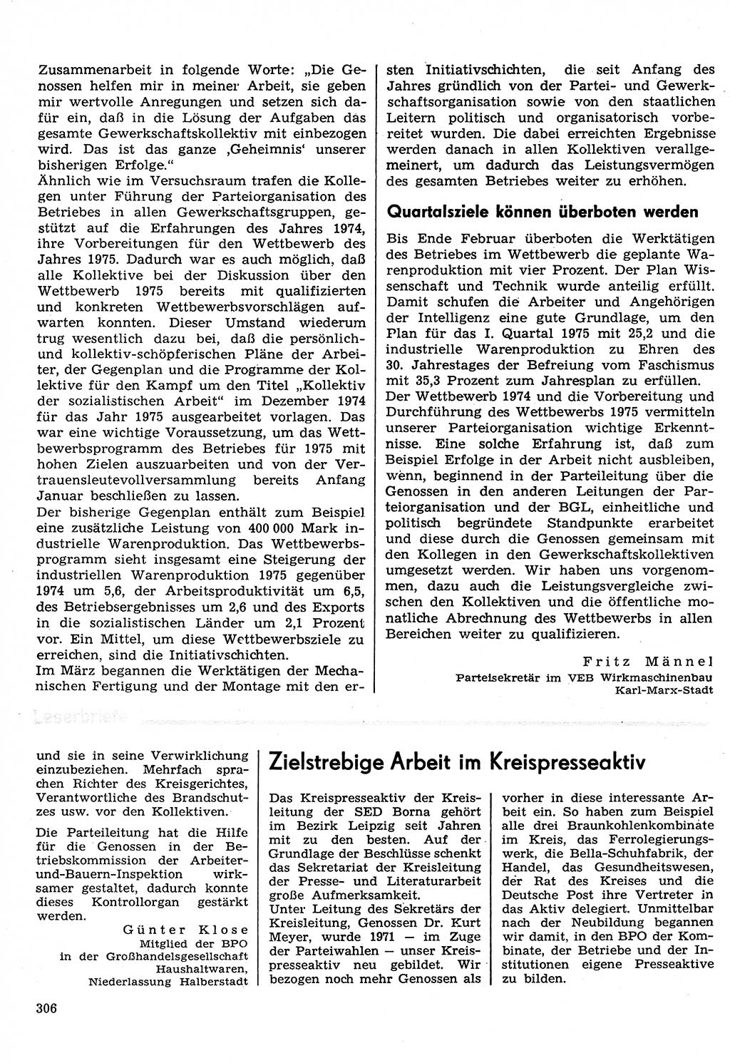Neuer Weg (NW), Organ des Zentralkomitees (ZK) der SED (Sozialistische Einheitspartei Deutschlands) für Fragen des Parteilebens, 30. Jahrgang [Deutsche Demokratische Republik (DDR)] 1975, Seite 306 (NW ZK SED DDR 1975, S. 306)