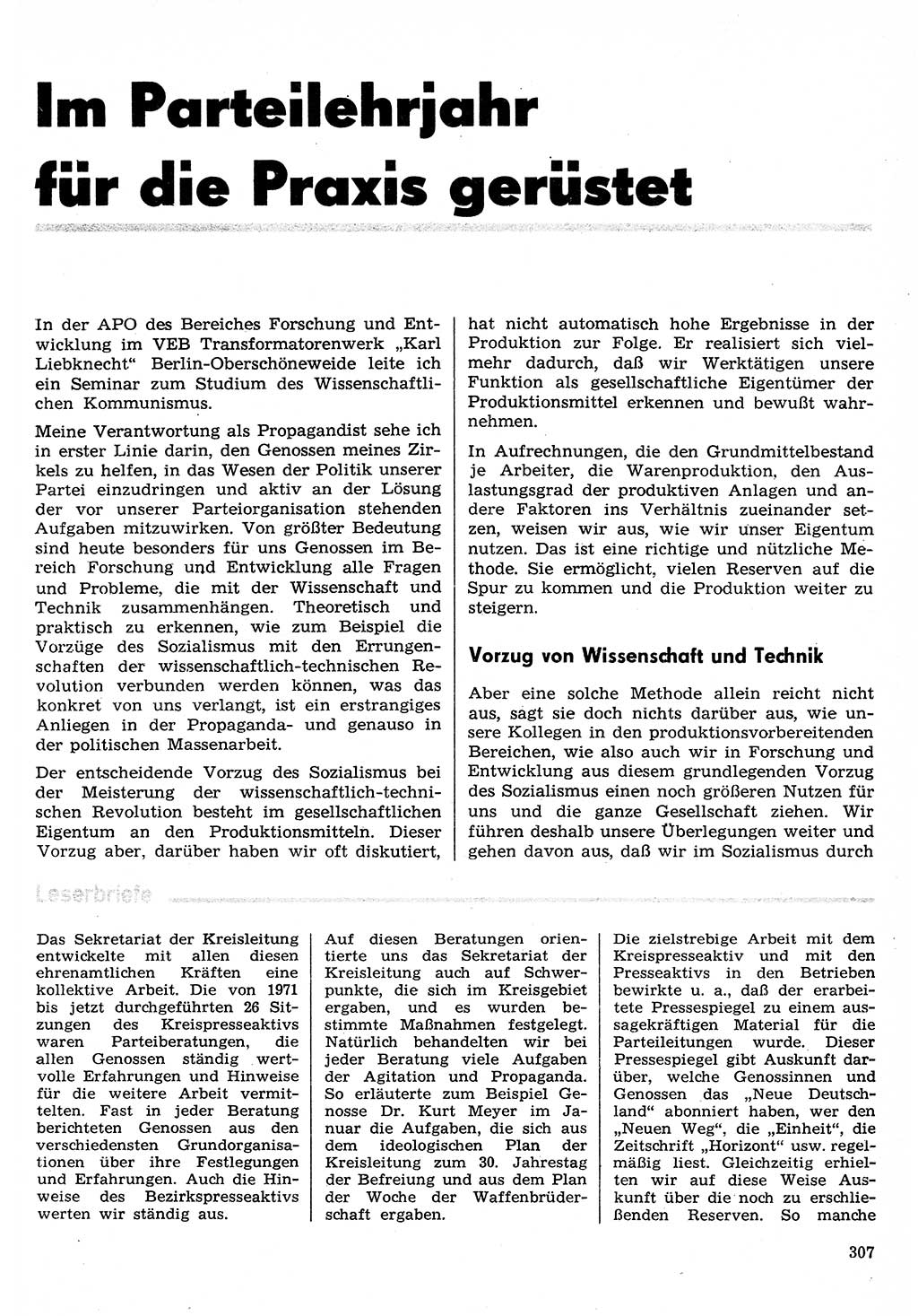 Neuer Weg (NW), Organ des Zentralkomitees (ZK) der SED (Sozialistische Einheitspartei Deutschlands) für Fragen des Parteilebens, 30. Jahrgang [Deutsche Demokratische Republik (DDR)] 1975, Seite 307 (NW ZK SED DDR 1975, S. 307)