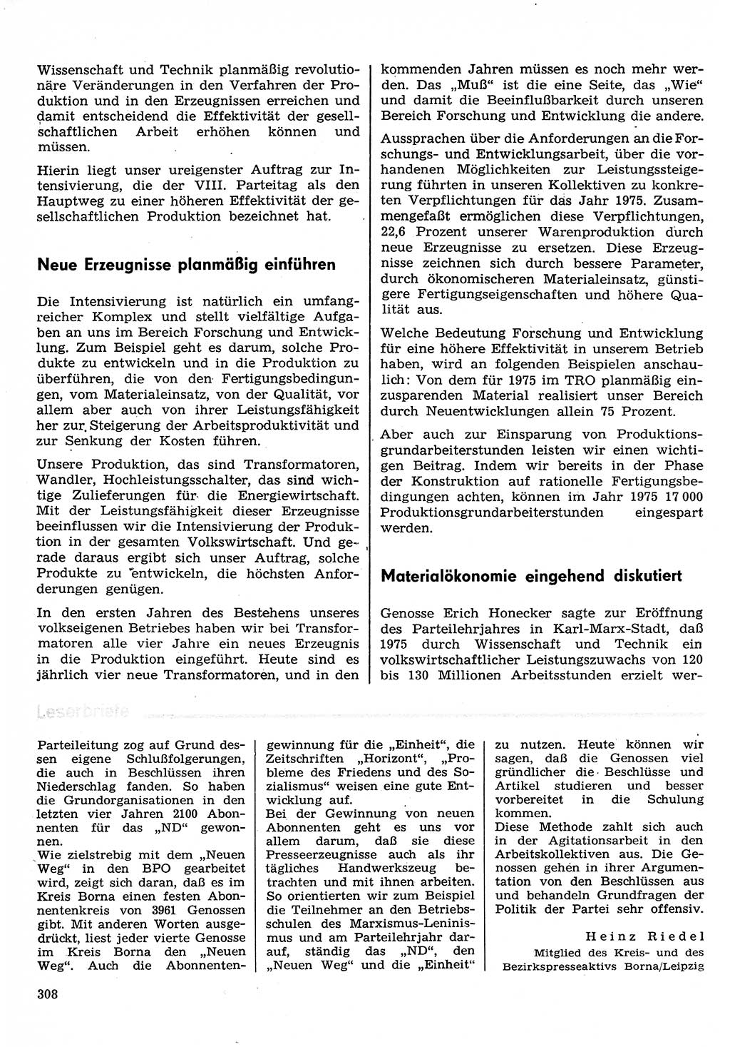 Neuer Weg (NW), Organ des Zentralkomitees (ZK) der SED (Sozialistische Einheitspartei Deutschlands) für Fragen des Parteilebens, 30. Jahrgang [Deutsche Demokratische Republik (DDR)] 1975, Seite 308 (NW ZK SED DDR 1975, S. 308)
