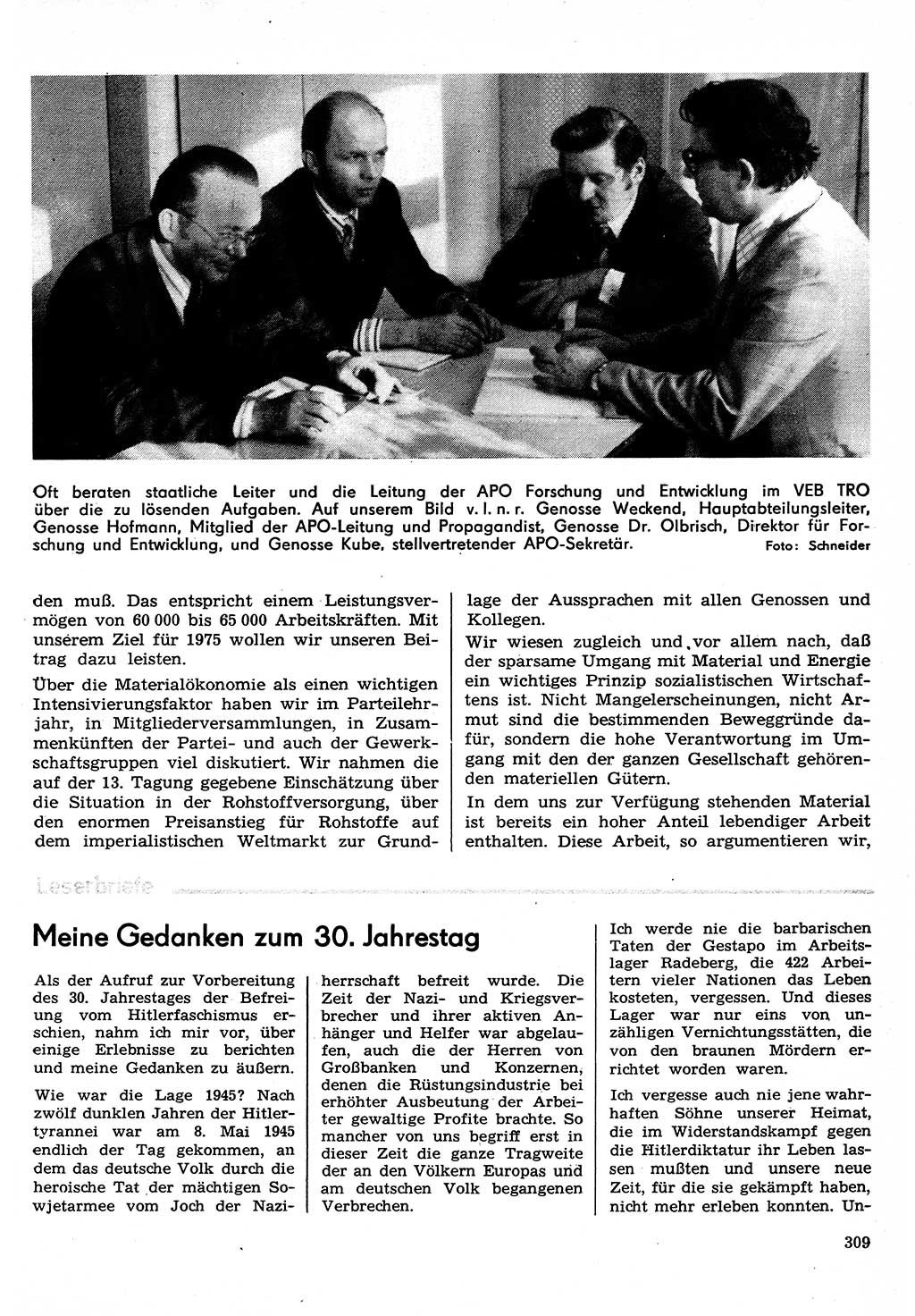 Neuer Weg (NW), Organ des Zentralkomitees (ZK) der SED (Sozialistische Einheitspartei Deutschlands) für Fragen des Parteilebens, 30. Jahrgang [Deutsche Demokratische Republik (DDR)] 1975, Seite 309 (NW ZK SED DDR 1975, S. 309)