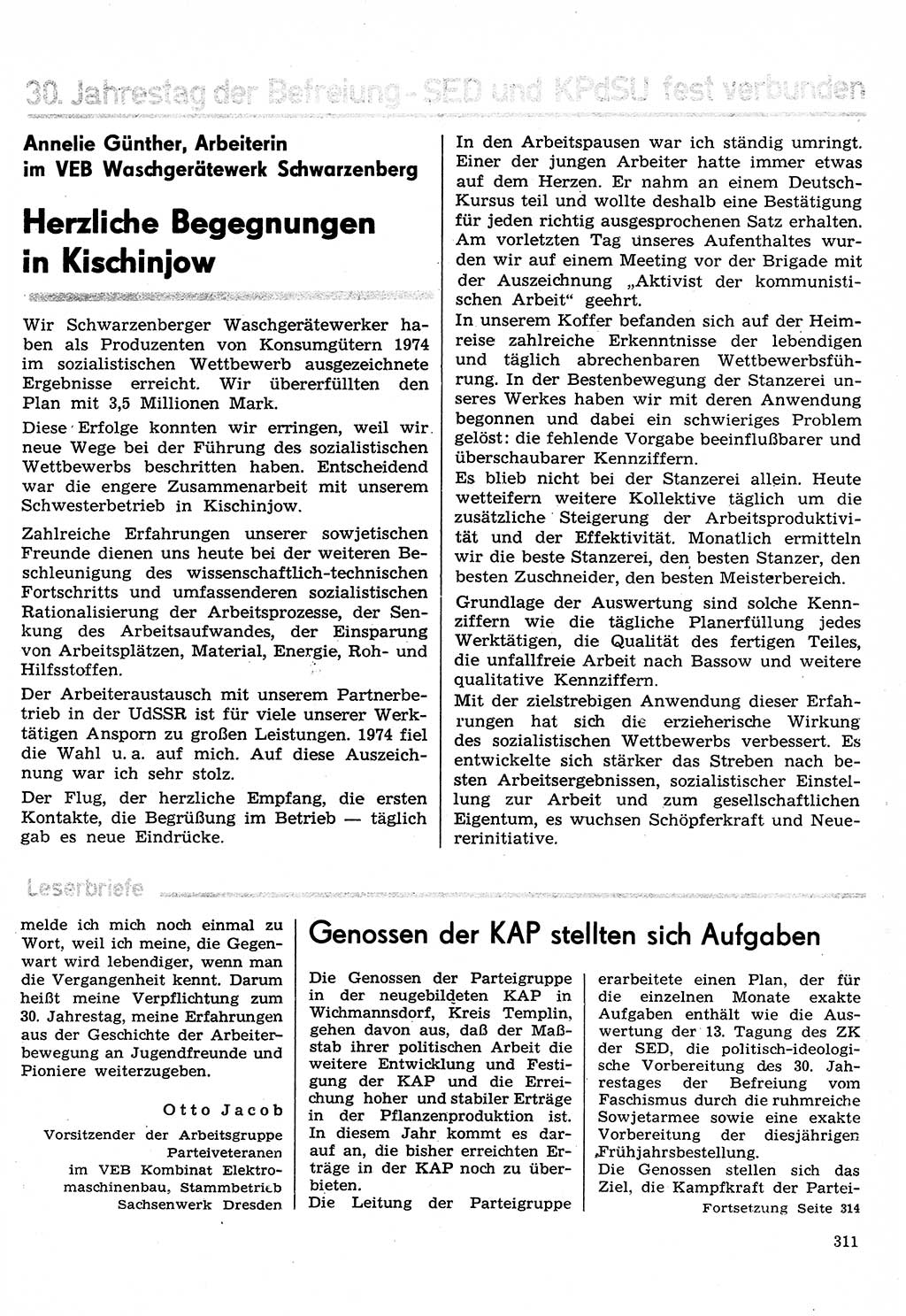 Neuer Weg (NW), Organ des Zentralkomitees (ZK) der SED (Sozialistische Einheitspartei Deutschlands) für Fragen des Parteilebens, 30. Jahrgang [Deutsche Demokratische Republik (DDR)] 1975, Seite 311 (NW ZK SED DDR 1975, S. 311)
