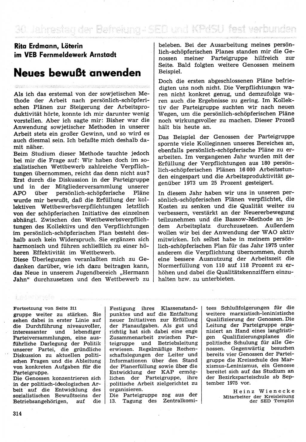 Neuer Weg (NW), Organ des Zentralkomitees (ZK) der SED (Sozialistische Einheitspartei Deutschlands) für Fragen des Parteilebens, 30. Jahrgang [Deutsche Demokratische Republik (DDR)] 1975, Seite 314 (NW ZK SED DDR 1975, S. 314)