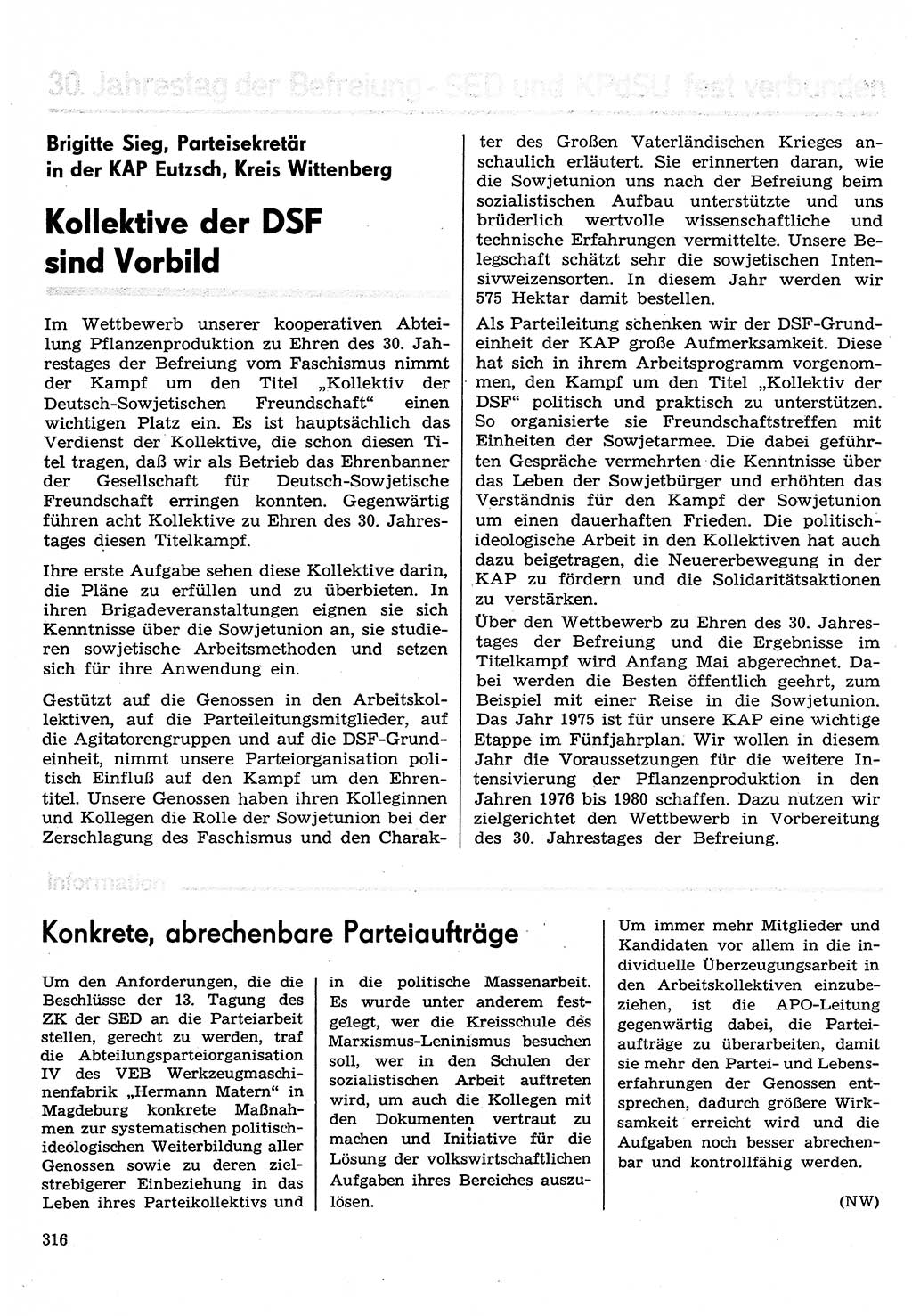 Neuer Weg (NW), Organ des Zentralkomitees (ZK) der SED (Sozialistische Einheitspartei Deutschlands) für Fragen des Parteilebens, 30. Jahrgang [Deutsche Demokratische Republik (DDR)] 1975, Seite 316 (NW ZK SED DDR 1975, S. 316)