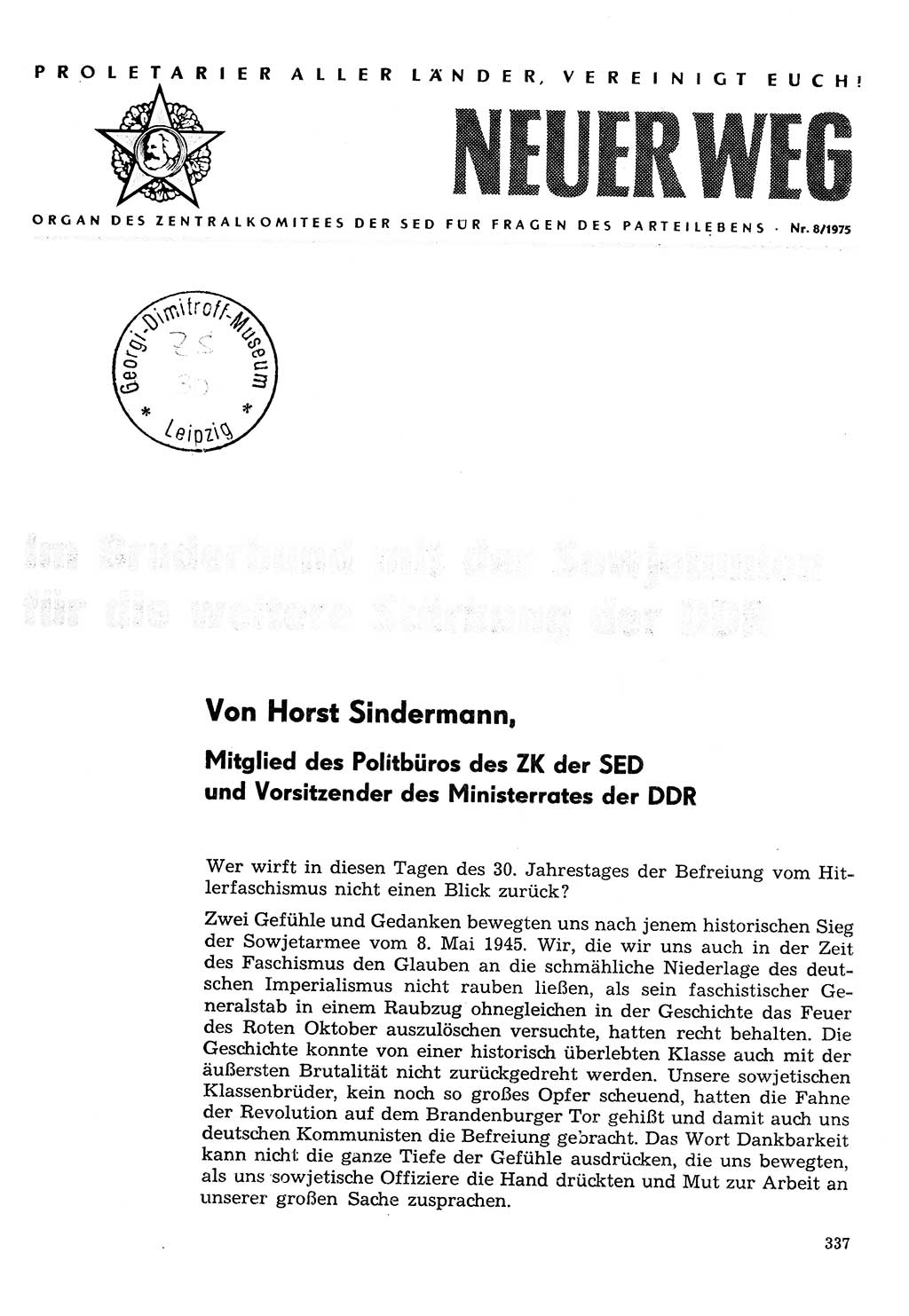 Neuer Weg (NW), Organ des Zentralkomitees (ZK) der SED (Sozialistische Einheitspartei Deutschlands) für Fragen des Parteilebens, 30. Jahrgang [Deutsche Demokratische Republik (DDR)] 1975, Seite 337 (NW ZK SED DDR 1975, S. 337)