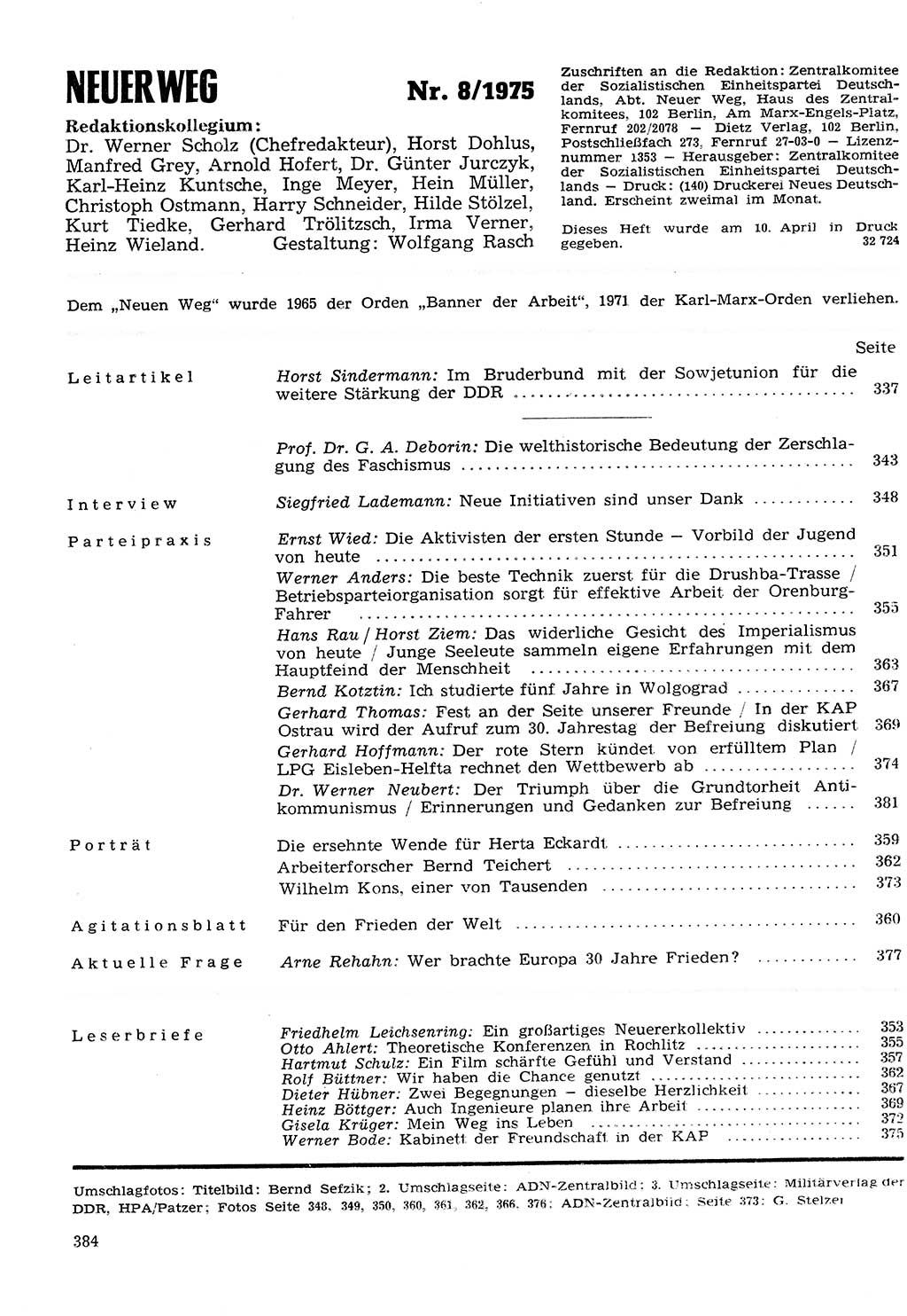 Neuer Weg (NW), Organ des Zentralkomitees (ZK) der SED (Sozialistische Einheitspartei Deutschlands) für Fragen des Parteilebens, 30. Jahrgang [Deutsche Demokratische Republik (DDR)] 1975, Seite 384 (NW ZK SED DDR 1975, S. 384)