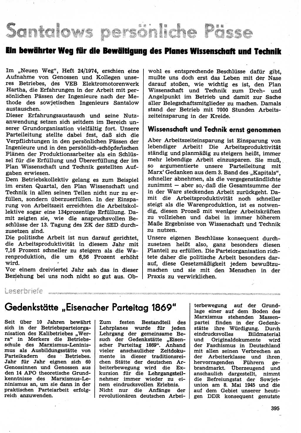 Neuer Weg (NW), Organ des Zentralkomitees (ZK) der SED (Sozialistische Einheitspartei Deutschlands) für Fragen des Parteilebens, 30. Jahrgang [Deutsche Demokratische Republik (DDR)] 1975, Seite 395 (NW ZK SED DDR 1975, S. 395)