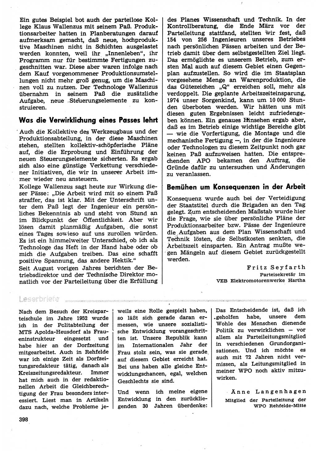 Neuer Weg (NW), Organ des Zentralkomitees (ZK) der SED (Sozialistische Einheitspartei Deutschlands) für Fragen des Parteilebens, 30. Jahrgang [Deutsche Demokratische Republik (DDR)] 1975, Seite 398 (NW ZK SED DDR 1975, S. 398)