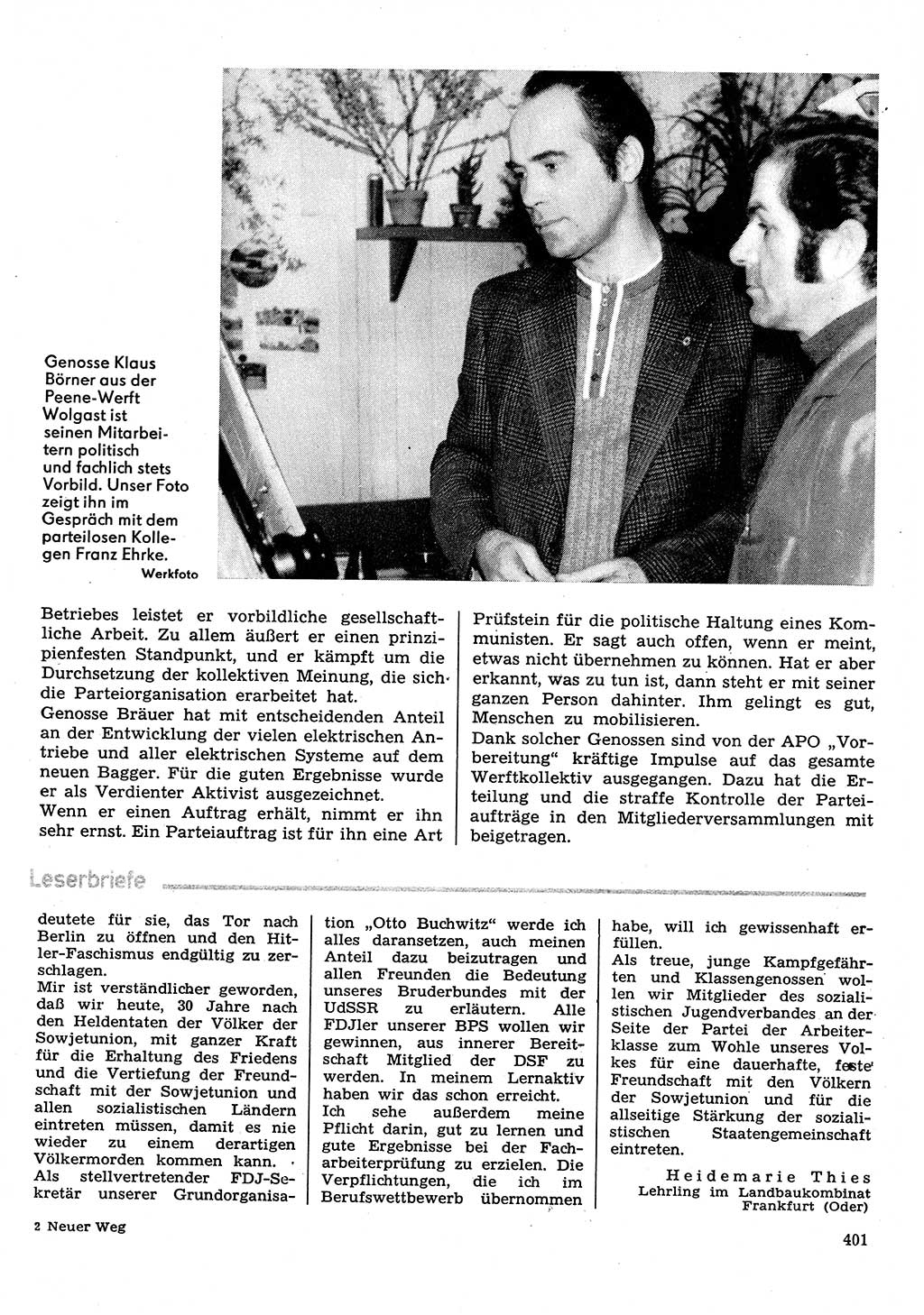 Neuer Weg (NW), Organ des Zentralkomitees (ZK) der SED (Sozialistische Einheitspartei Deutschlands) für Fragen des Parteilebens, 30. Jahrgang [Deutsche Demokratische Republik (DDR)] 1975, Seite 401 (NW ZK SED DDR 1975, S. 401)