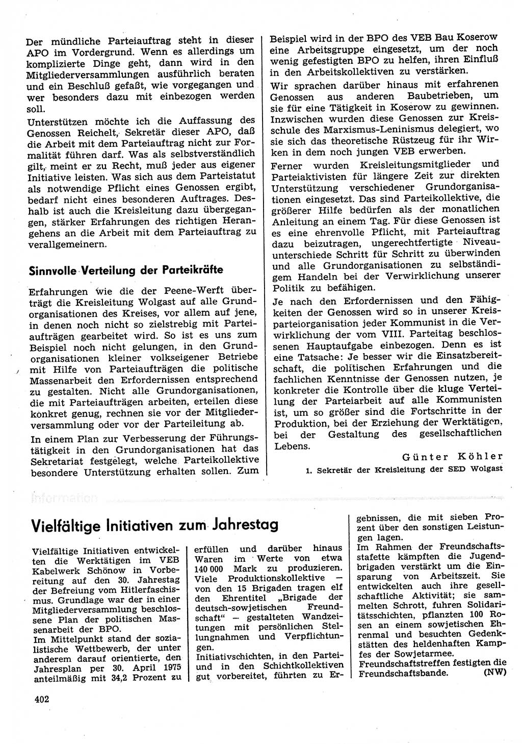 Neuer Weg (NW), Organ des Zentralkomitees (ZK) der SED (Sozialistische Einheitspartei Deutschlands) für Fragen des Parteilebens, 30. Jahrgang [Deutsche Demokratische Republik (DDR)] 1975, Seite 402 (NW ZK SED DDR 1975, S. 402)