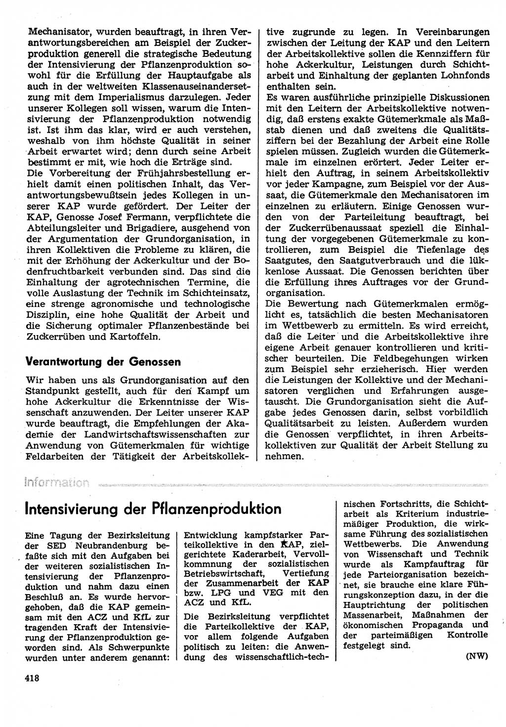 Neuer Weg (NW), Organ des Zentralkomitees (ZK) der SED (Sozialistische Einheitspartei Deutschlands) für Fragen des Parteilebens, 30. Jahrgang [Deutsche Demokratische Republik (DDR)] 1975, Seite 418 (NW ZK SED DDR 1975, S. 418)