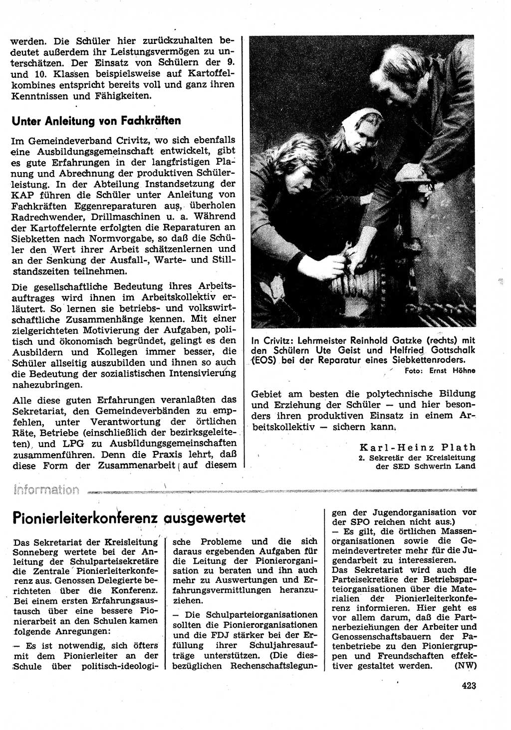 Neuer Weg (NW), Organ des Zentralkomitees (ZK) der SED (Sozialistische Einheitspartei Deutschlands) für Fragen des Parteilebens, 30. Jahrgang [Deutsche Demokratische Republik (DDR)] 1975, Seite 423 (NW ZK SED DDR 1975, S. 423)