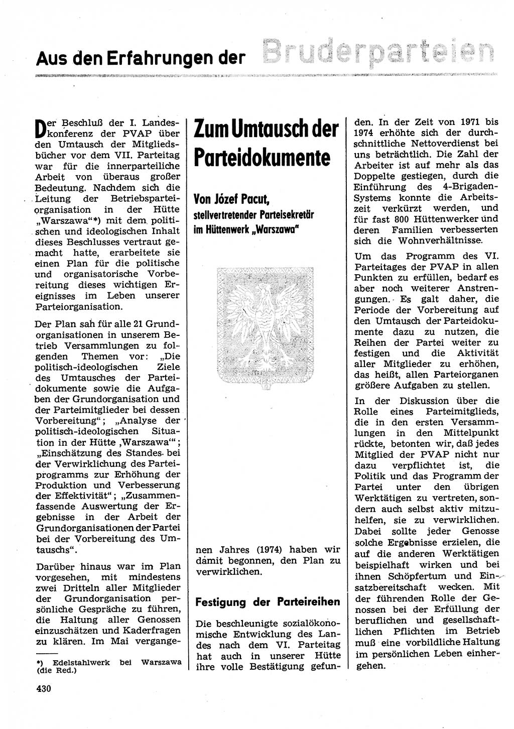 Neuer Weg (NW), Organ des Zentralkomitees (ZK) der SED (Sozialistische Einheitspartei Deutschlands) für Fragen des Parteilebens, 30. Jahrgang [Deutsche Demokratische Republik (DDR)] 1975, Seite 430 (NW ZK SED DDR 1975, S. 430)