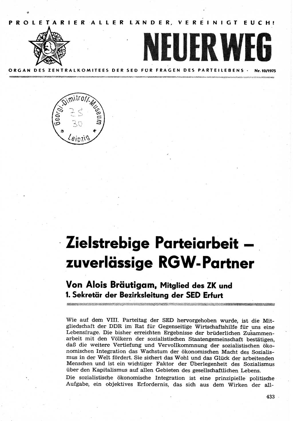 Neuer Weg (NW), Organ des Zentralkomitees (ZK) der SED (Sozialistische Einheitspartei Deutschlands) für Fragen des Parteilebens, 30. Jahrgang [Deutsche Demokratische Republik (DDR)] 1975, Seite 433 (NW ZK SED DDR 1975, S. 433)