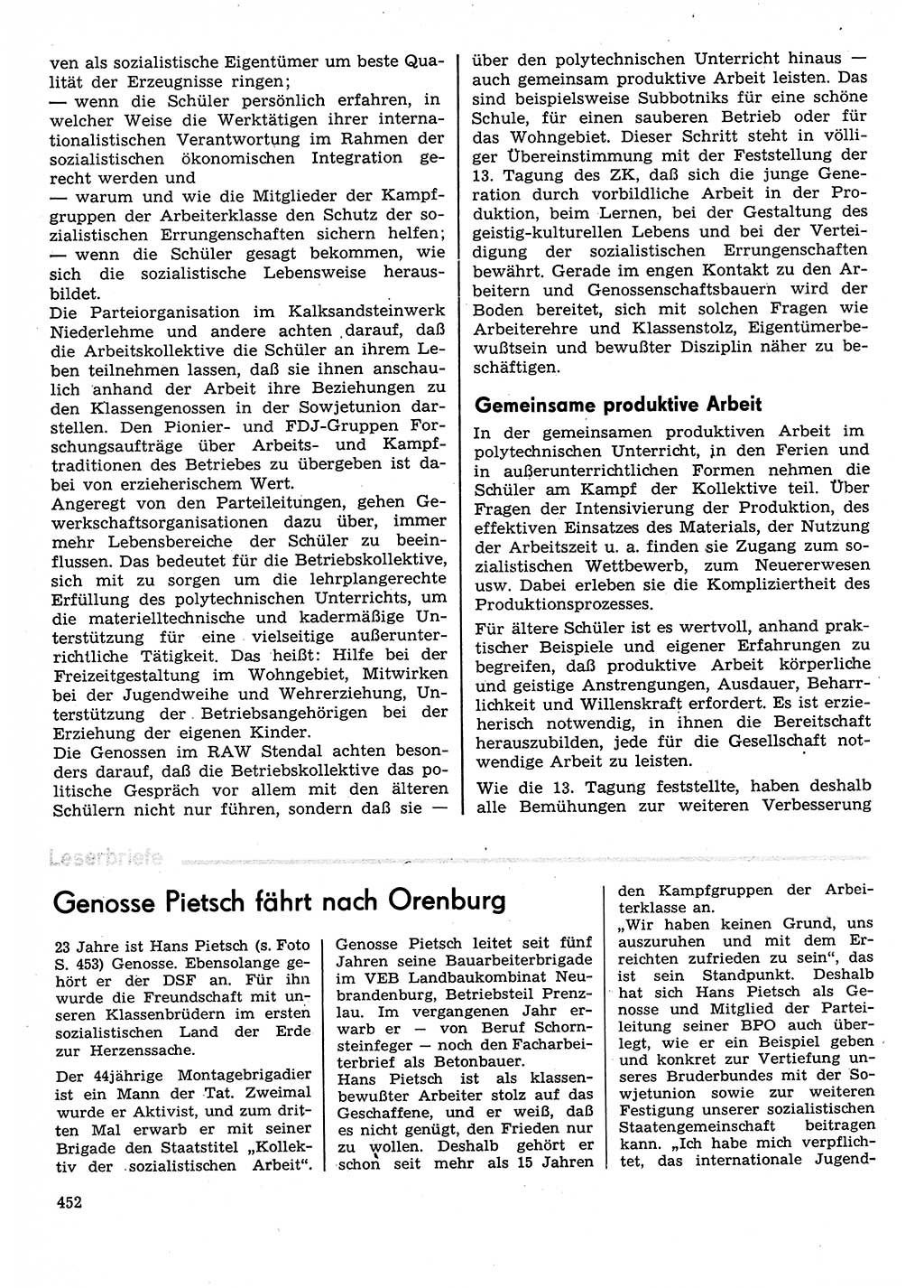 Neuer Weg (NW), Organ des Zentralkomitees (ZK) der SED (Sozialistische Einheitspartei Deutschlands) für Fragen des Parteilebens, 30. Jahrgang [Deutsche Demokratische Republik (DDR)] 1975, Seite 452 (NW ZK SED DDR 1975, S. 452)
