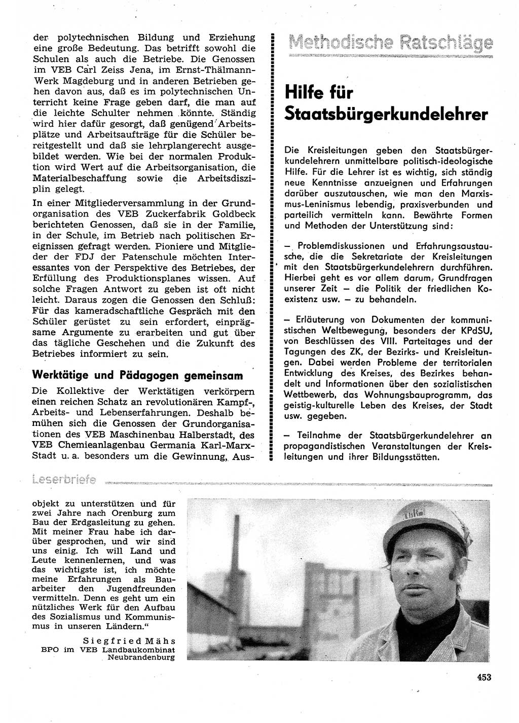 Neuer Weg (NW), Organ des Zentralkomitees (ZK) der SED (Sozialistische Einheitspartei Deutschlands) für Fragen des Parteilebens, 30. Jahrgang [Deutsche Demokratische Republik (DDR)] 1975, Seite 453 (NW ZK SED DDR 1975, S. 453)