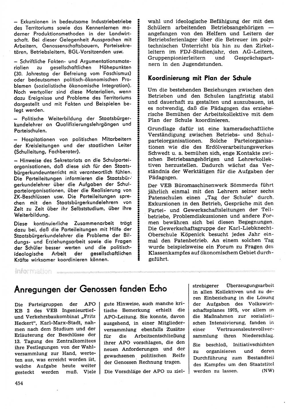 Neuer Weg (NW), Organ des Zentralkomitees (ZK) der SED (Sozialistische Einheitspartei Deutschlands) für Fragen des Parteilebens, 30. Jahrgang [Deutsche Demokratische Republik (DDR)] 1975, Seite 454 (NW ZK SED DDR 1975, S. 454)