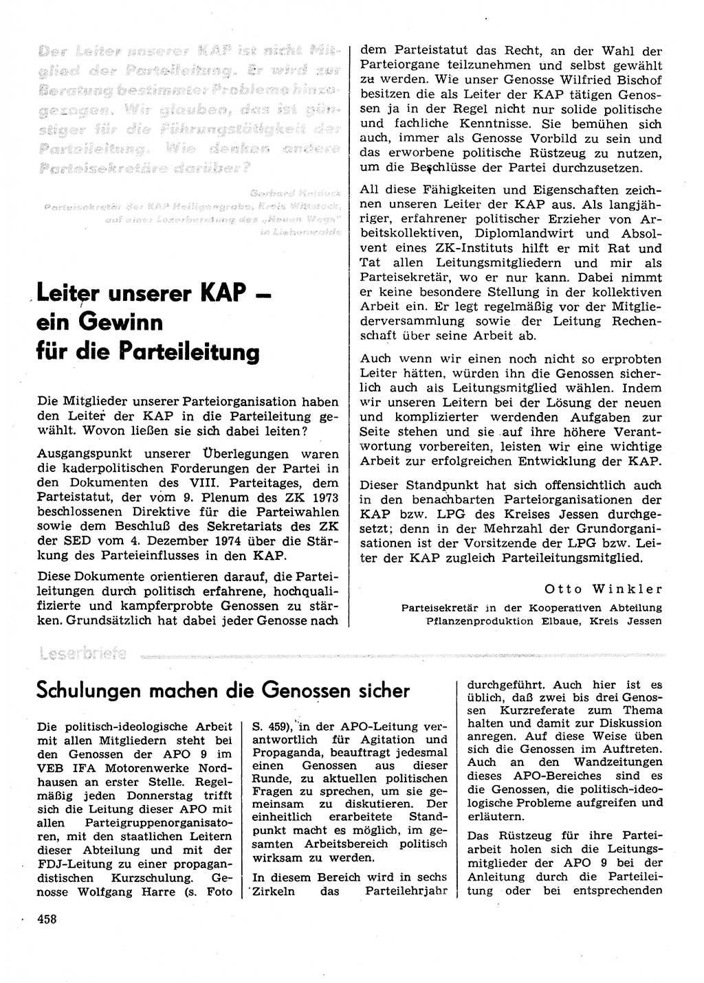 Neuer Weg (NW), Organ des Zentralkomitees (ZK) der SED (Sozialistische Einheitspartei Deutschlands) für Fragen des Parteilebens, 30. Jahrgang [Deutsche Demokratische Republik (DDR)] 1975, Seite 458 (NW ZK SED DDR 1975, S. 458)
