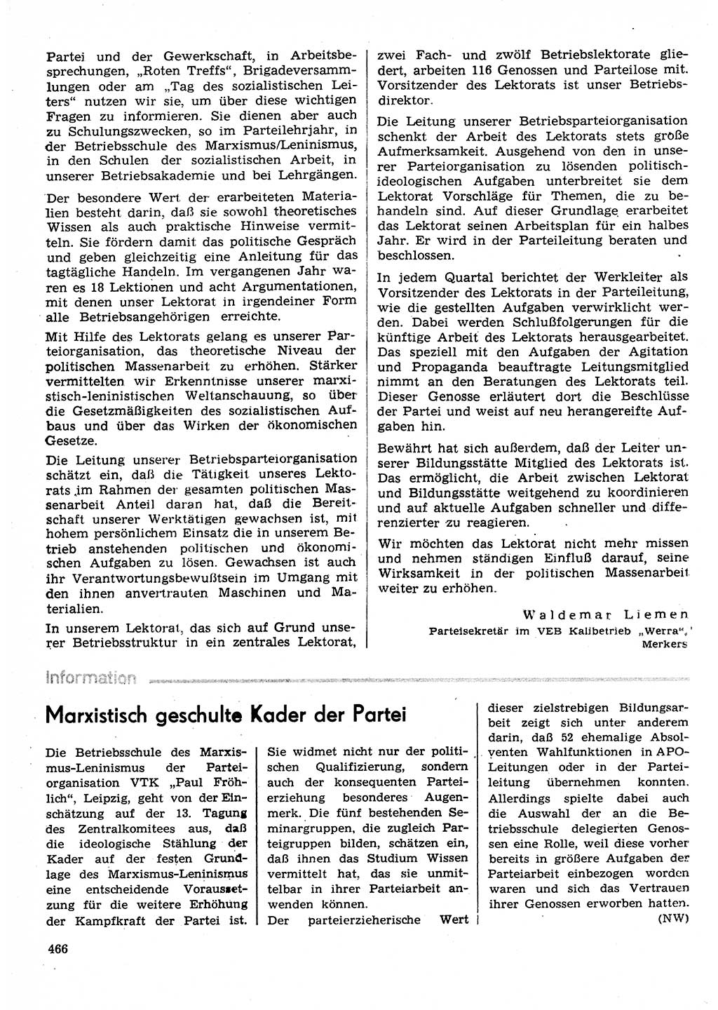 Neuer Weg (NW), Organ des Zentralkomitees (ZK) der SED (Sozialistische Einheitspartei Deutschlands) für Fragen des Parteilebens, 30. Jahrgang [Deutsche Demokratische Republik (DDR)] 1975, Seite 466 (NW ZK SED DDR 1975, S. 466)