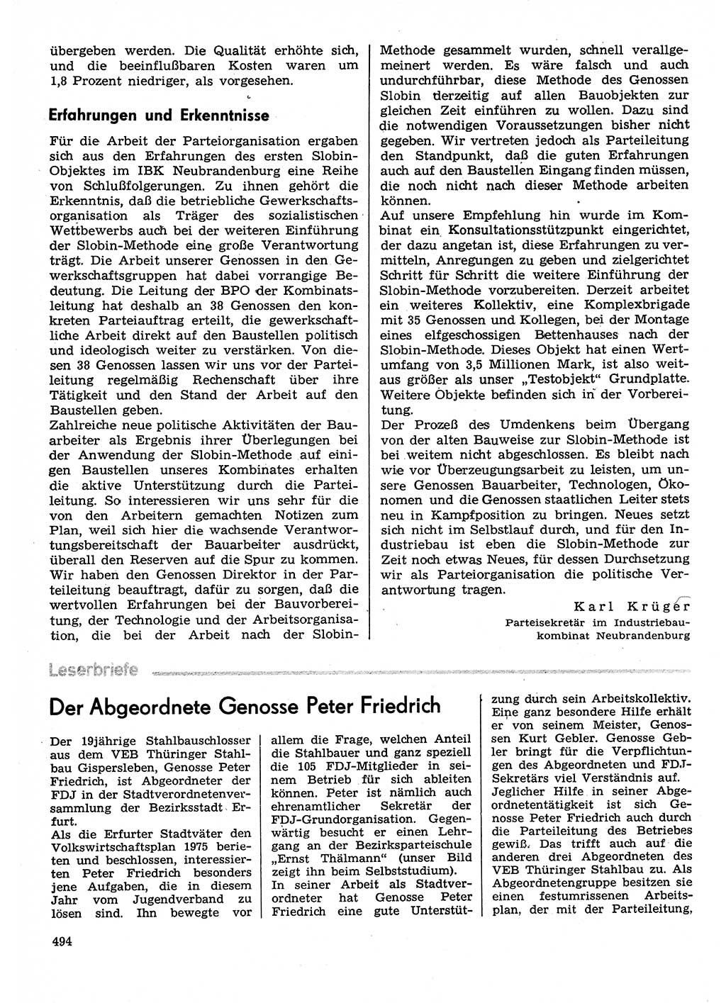 Neuer Weg (NW), Organ des Zentralkomitees (ZK) der SED (Sozialistische Einheitspartei Deutschlands) fÃ¼r Fragen des Parteilebens, 30. Jahrgang [Deutsche Demokratische Republik (DDR)] 1975, Seite 494 (NW ZK SED DDR 1975, S. 494)