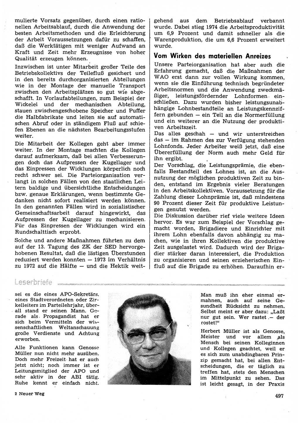 Neuer Weg (NW), Organ des Zentralkomitees (ZK) der SED (Sozialistische Einheitspartei Deutschlands) für Fragen des Parteilebens, 30. Jahrgang [Deutsche Demokratische Republik (DDR)] 1975, Seite 497 (NW ZK SED DDR 1975, S. 497)