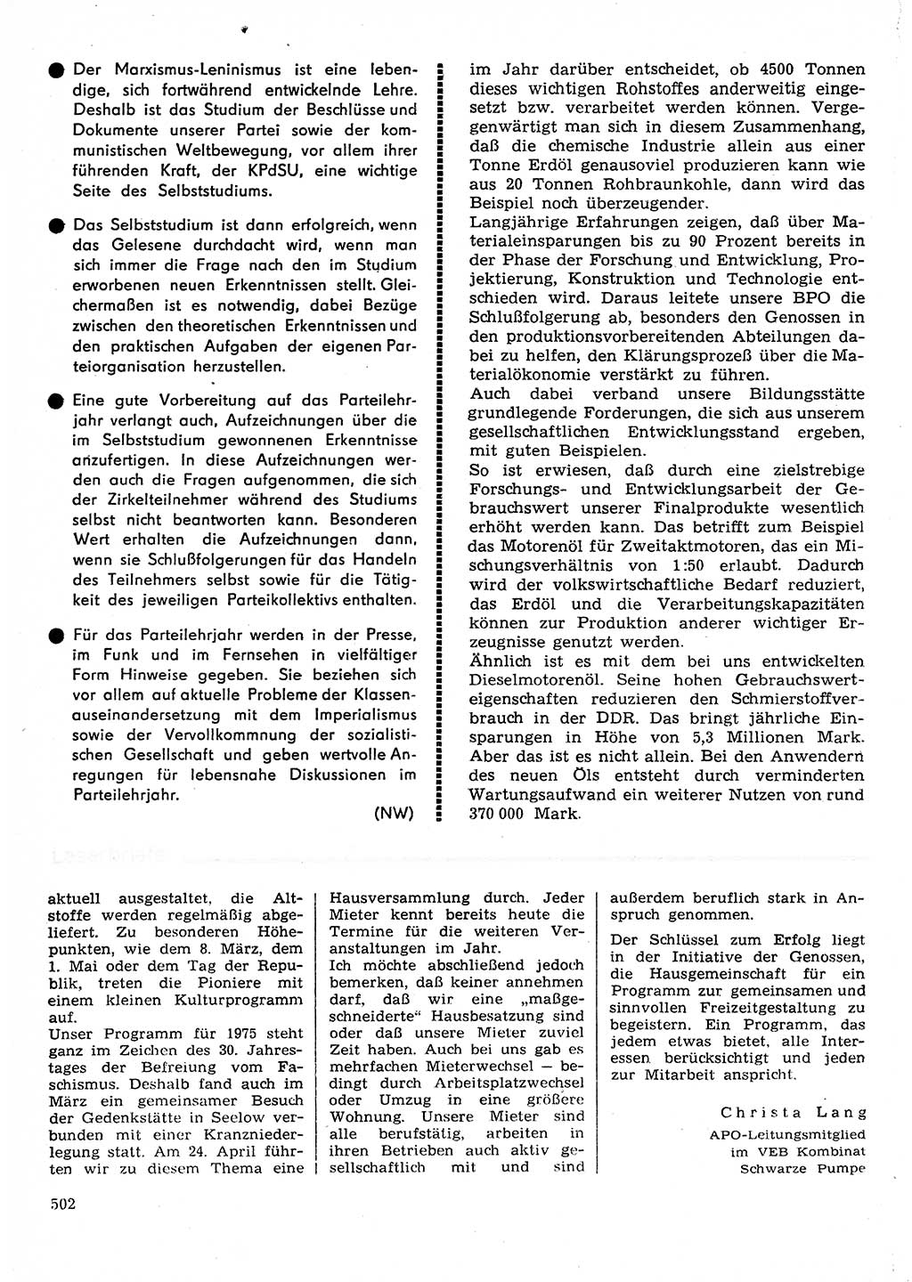 Neuer Weg (NW), Organ des Zentralkomitees (ZK) der SED (Sozialistische Einheitspartei Deutschlands) für Fragen des Parteilebens, 30. Jahrgang [Deutsche Demokratische Republik (DDR)] 1975, Seite 502 (NW ZK SED DDR 1975, S. 502)