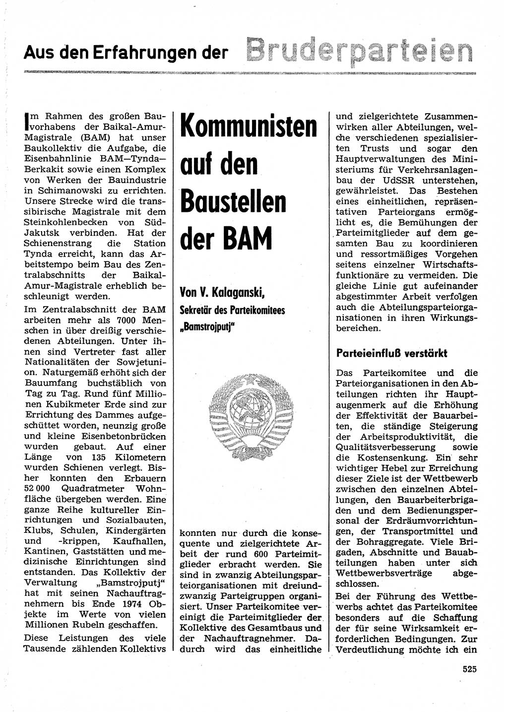 Neuer Weg (NW), Organ des Zentralkomitees (ZK) der SED (Sozialistische Einheitspartei Deutschlands) für Fragen des Parteilebens, 30. Jahrgang [Deutsche Demokratische Republik (DDR)] 1975, Seite 525 (NW ZK SED DDR 1975, S. 525)