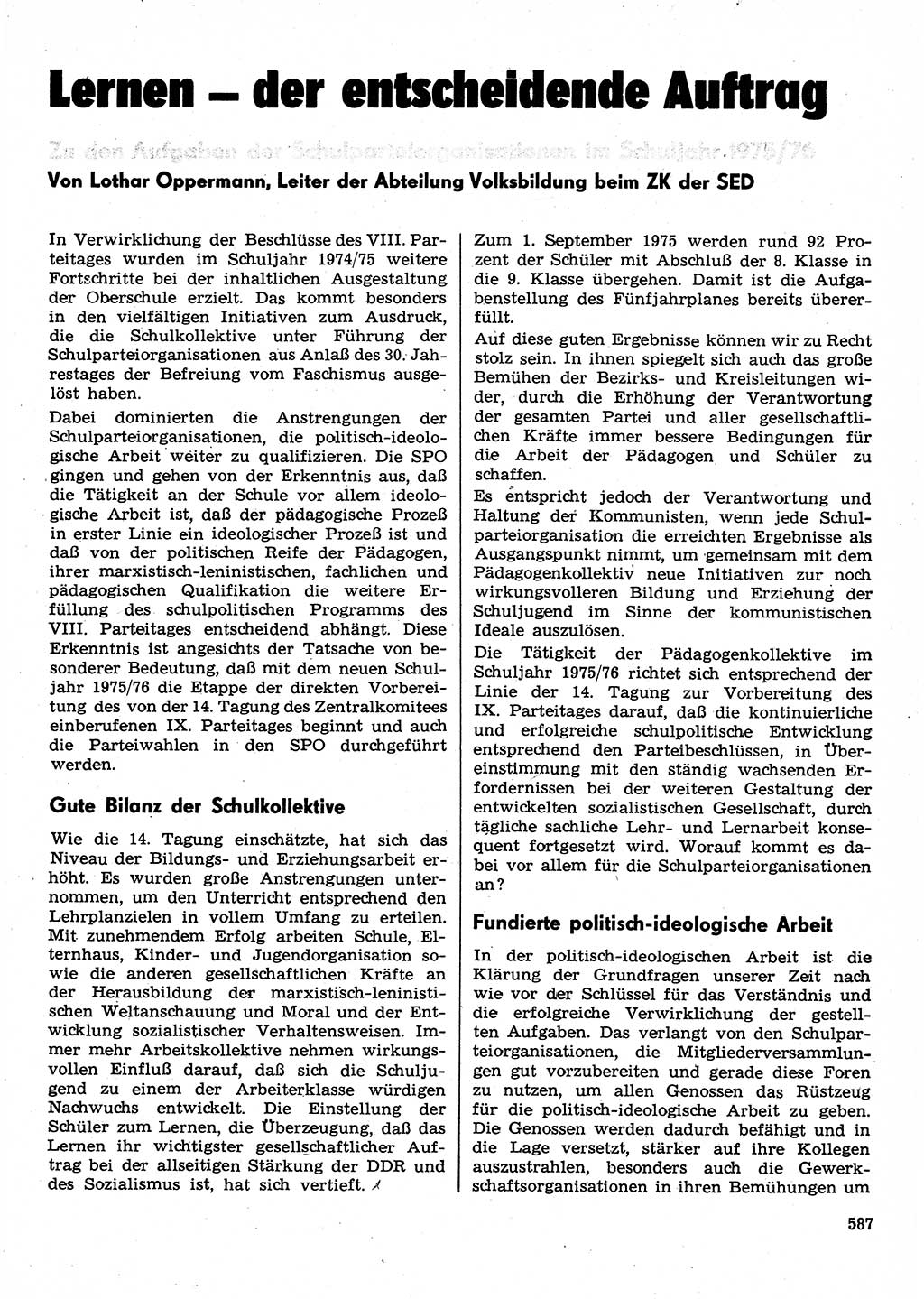 Neuer Weg (NW), Organ des Zentralkomitees (ZK) der SED (Sozialistische Einheitspartei Deutschlands) für Fragen des Parteilebens, 30. Jahrgang [Deutsche Demokratische Republik (DDR)] 1975, Seite 587 (NW ZK SED DDR 1975, S. 587)