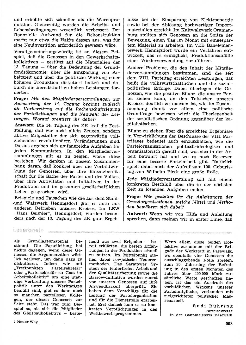 Neuer Weg (NW), Organ des Zentralkomitees (ZK) der SED (Sozialistische Einheitspartei Deutschlands) für Fragen des Parteilebens, 30. Jahrgang [Deutsche Demokratische Republik (DDR)] 1975, Seite 593 (NW ZK SED DDR 1975, S. 593)