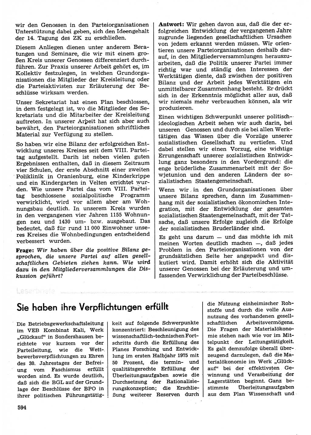 Neuer Weg (NW), Organ des Zentralkomitees (ZK) der SED (Sozialistische Einheitspartei Deutschlands) für Fragen des Parteilebens, 30. Jahrgang [Deutsche Demokratische Republik (DDR)] 1975, Seite 594 (NW ZK SED DDR 1975, S. 594)