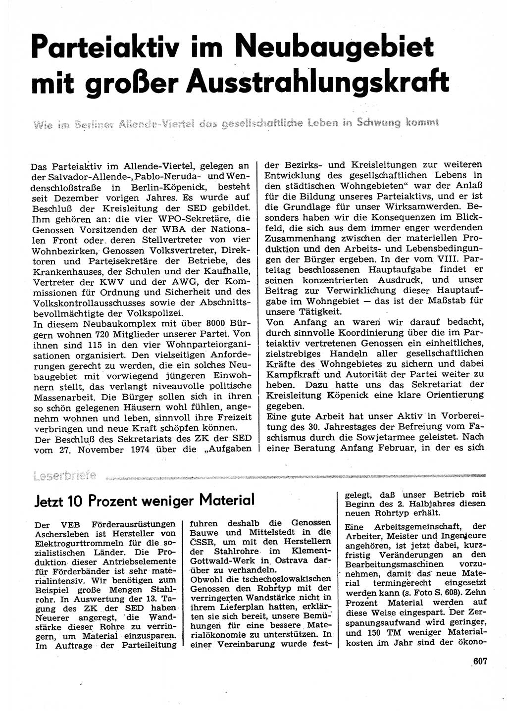 Neuer Weg (NW), Organ des Zentralkomitees (ZK) der SED (Sozialistische Einheitspartei Deutschlands) für Fragen des Parteilebens, 30. Jahrgang [Deutsche Demokratische Republik (DDR)] 1975, Seite 607 (NW ZK SED DDR 1975, S. 607)