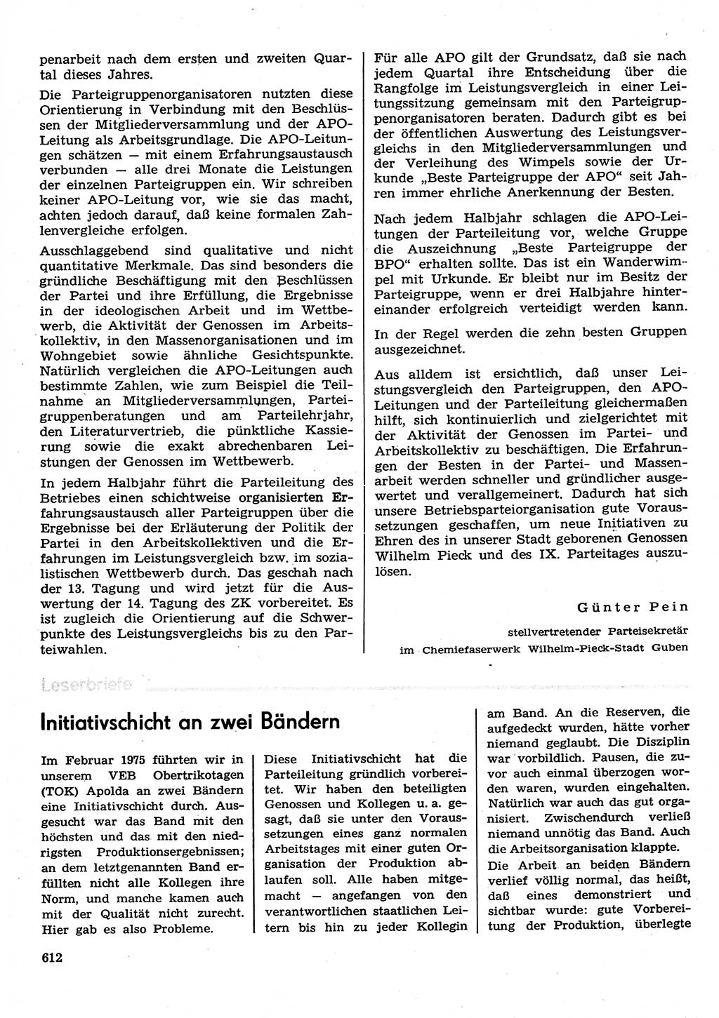 Neuer Weg (NW), Organ des Zentralkomitees (ZK) der SED (Sozialistische Einheitspartei Deutschlands) für Fragen des Parteilebens, 30. Jahrgang [Deutsche Demokratische Republik (DDR)] 1975, Seite 612 (NW ZK SED DDR 1975, S. 612)