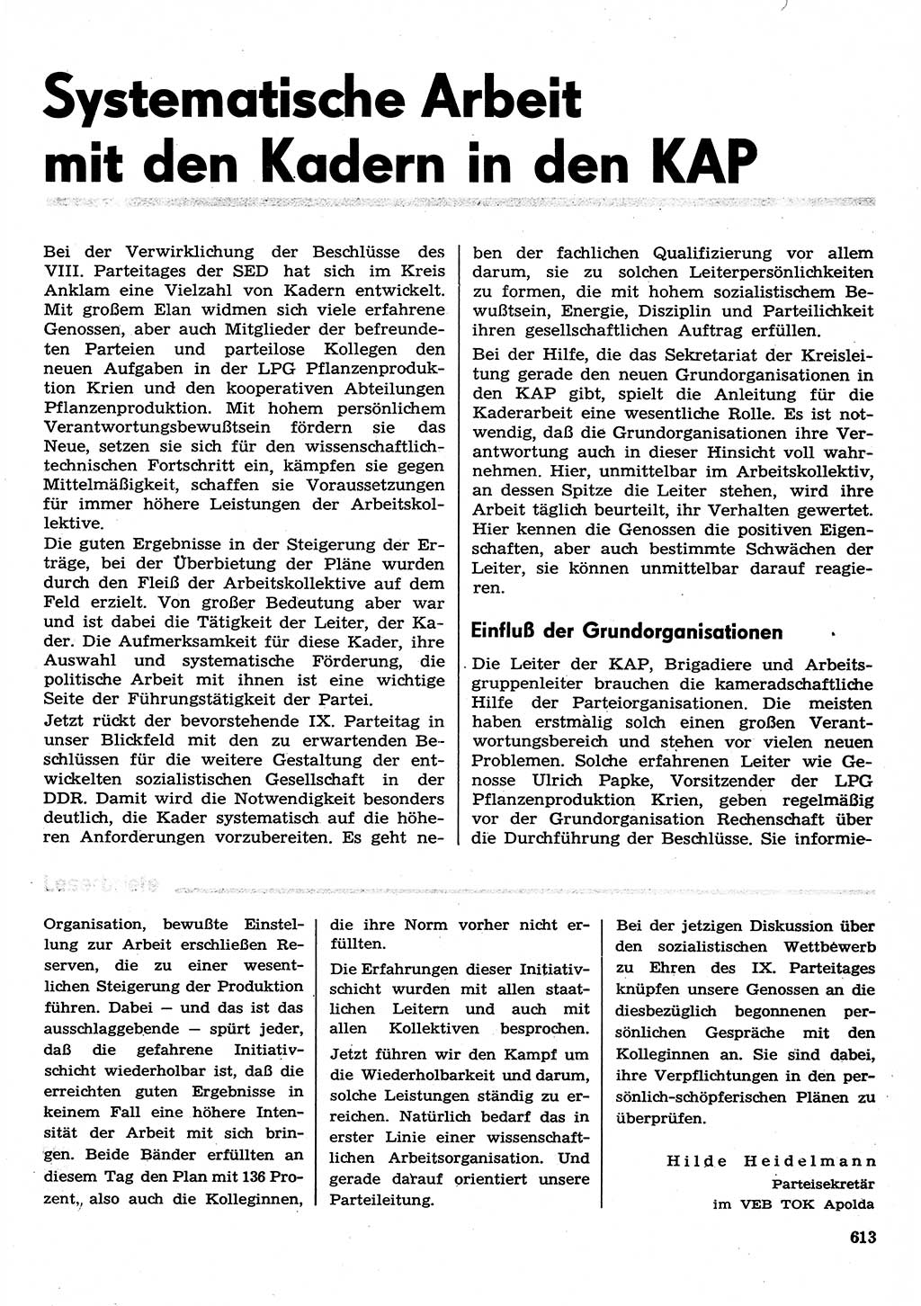 Neuer Weg (NW), Organ des Zentralkomitees (ZK) der SED (Sozialistische Einheitspartei Deutschlands) für Fragen des Parteilebens, 30. Jahrgang [Deutsche Demokratische Republik (DDR)] 1975, Seite 613 (NW ZK SED DDR 1975, S. 613)