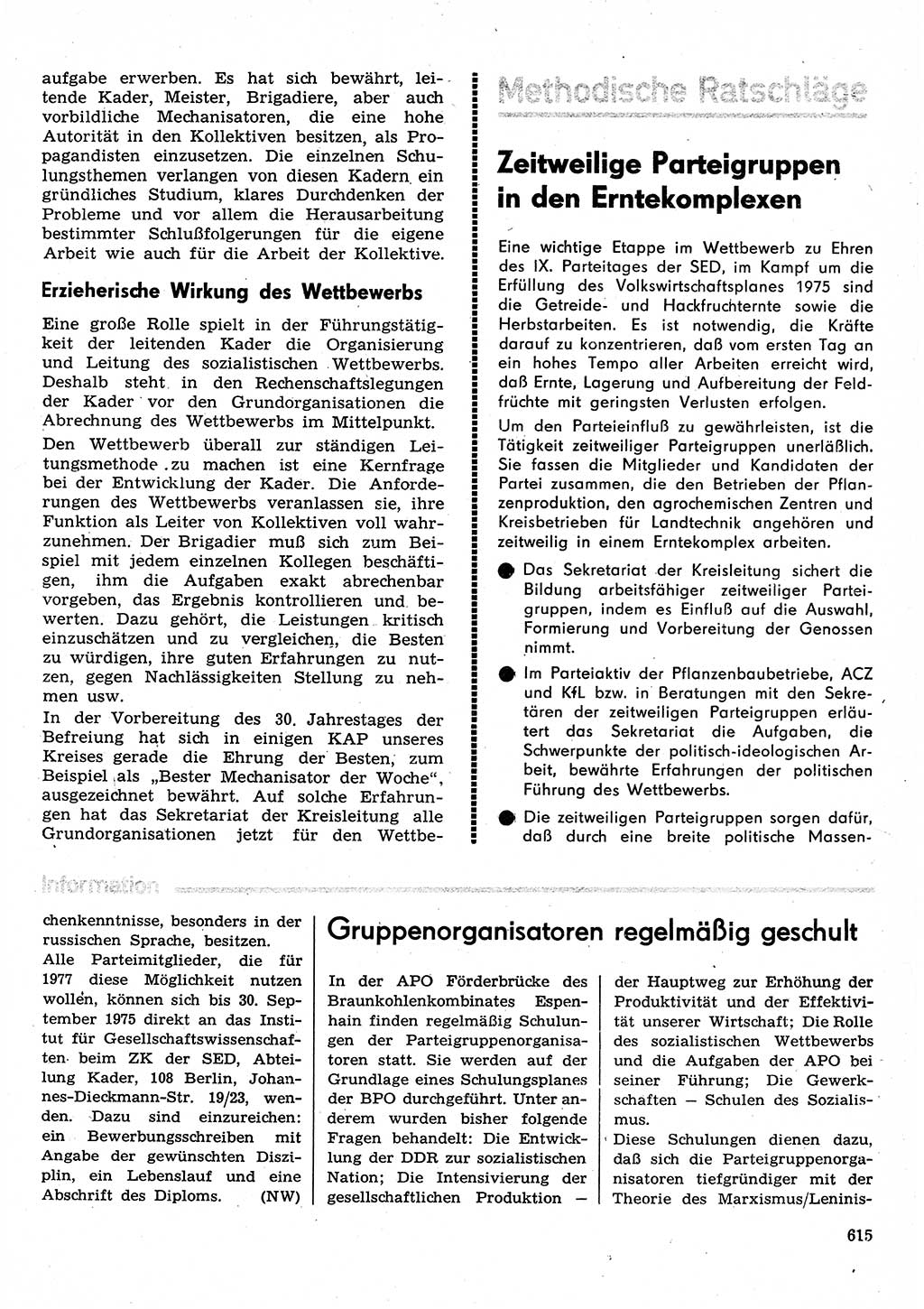Neuer Weg (NW), Organ des Zentralkomitees (ZK) der SED (Sozialistische Einheitspartei Deutschlands) für Fragen des Parteilebens, 30. Jahrgang [Deutsche Demokratische Republik (DDR)] 1975, Seite 615 (NW ZK SED DDR 1975, S. 615)