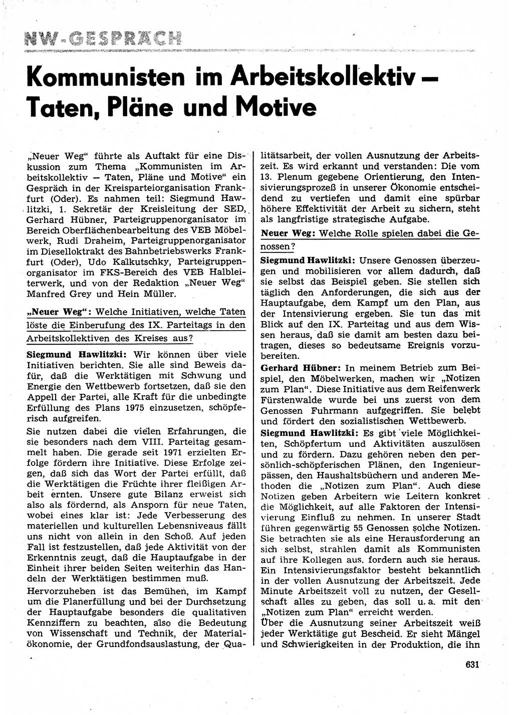 Neuer Weg (NW), Organ des Zentralkomitees (ZK) der SED (Sozialistische Einheitspartei Deutschlands) für Fragen des Parteilebens, 30. Jahrgang [Deutsche Demokratische Republik (DDR)] 1975, Seite 631 (NW ZK SED DDR 1975, S. 631)