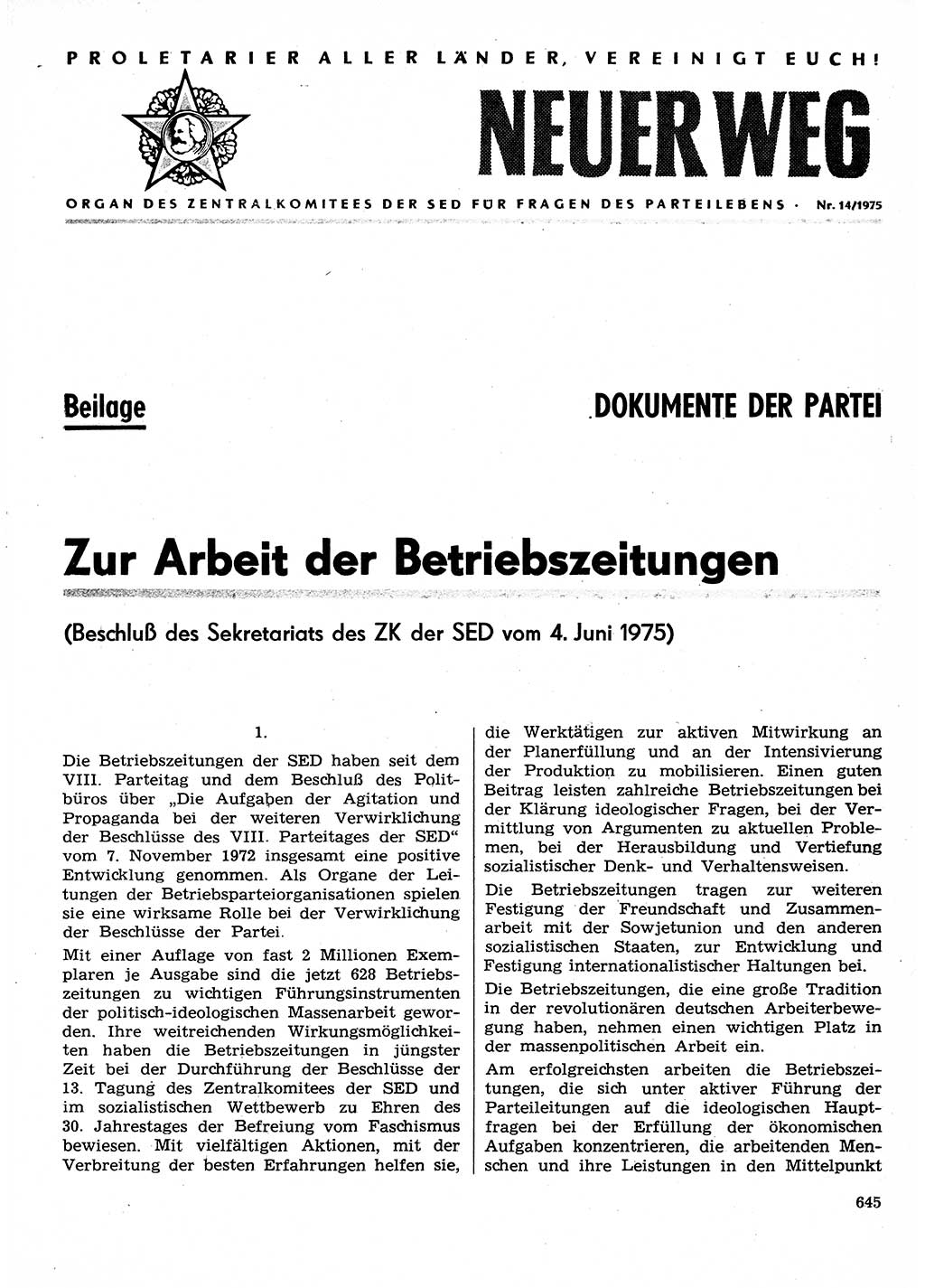 Neuer Weg (NW), Organ des Zentralkomitees (ZK) der SED (Sozialistische Einheitspartei Deutschlands) für Fragen des Parteilebens, 30. Jahrgang [Deutsche Demokratische Republik (DDR)] 1975, Seite 645 (NW ZK SED DDR 1975, S. 645)