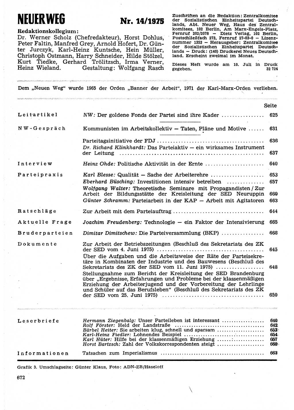 Neuer Weg (NW), Organ des Zentralkomitees (ZK) der SED (Sozialistische Einheitspartei Deutschlands) für Fragen des Parteilebens, 30. Jahrgang [Deutsche Demokratische Republik (DDR)] 1975, Seite 672 (NW ZK SED DDR 1975, S. 672)