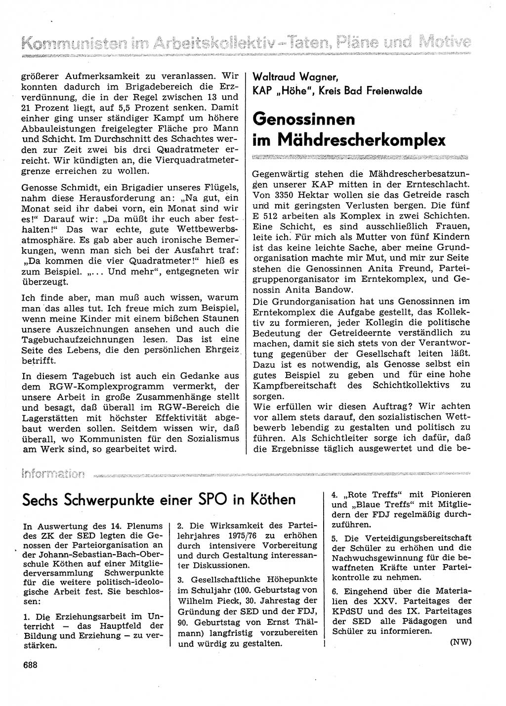 Neuer Weg (NW), Organ des Zentralkomitees (ZK) der SED (Sozialistische Einheitspartei Deutschlands) für Fragen des Parteilebens, 30. Jahrgang [Deutsche Demokratische Republik (DDR)] 1975, Seite 688 (NW ZK SED DDR 1975, S. 688)