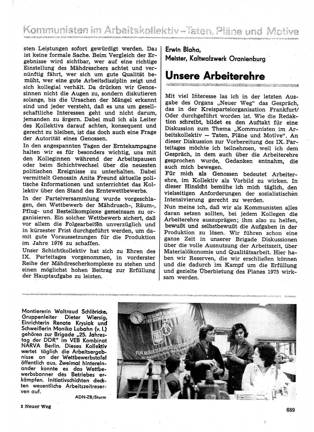 Neuer Weg (NW), Organ des Zentralkomitees (ZK) der SED (Sozialistische Einheitspartei Deutschlands) für Fragen des Parteilebens, 30. Jahrgang [Deutsche Demokratische Republik (DDR)] 1975, Seite 689 (NW ZK SED DDR 1975, S. 689)