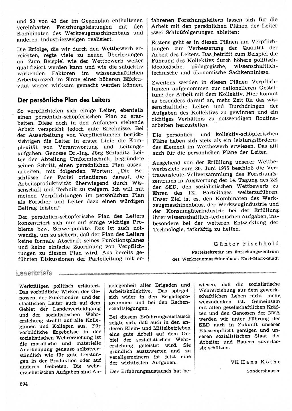 Neuer Weg (NW), Organ des Zentralkomitees (ZK) der SED (Sozialistische Einheitspartei Deutschlands) für Fragen des Parteilebens, 30. Jahrgang [Deutsche Demokratische Republik (DDR)] 1975, Seite 694 (NW ZK SED DDR 1975, S. 694)