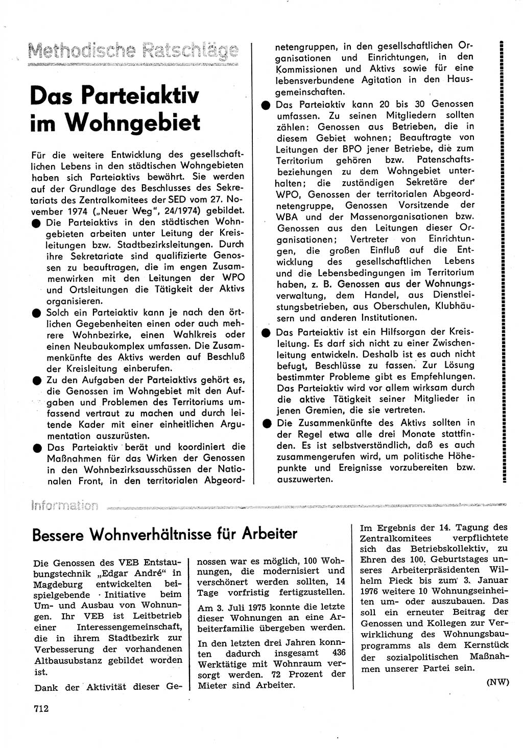 Neuer Weg (NW), Organ des Zentralkomitees (ZK) der SED (Sozialistische Einheitspartei Deutschlands) für Fragen des Parteilebens, 30. Jahrgang [Deutsche Demokratische Republik (DDR)] 1975, Seite 712 (NW ZK SED DDR 1975, S. 712)