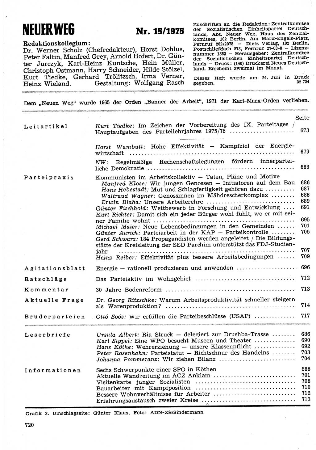 Neuer Weg (NW), Organ des Zentralkomitees (ZK) der SED (Sozialistische Einheitspartei Deutschlands) für Fragen des Parteilebens, 30. Jahrgang [Deutsche Demokratische Republik (DDR)] 1975, Seite 720 (NW ZK SED DDR 1975, S. 720)