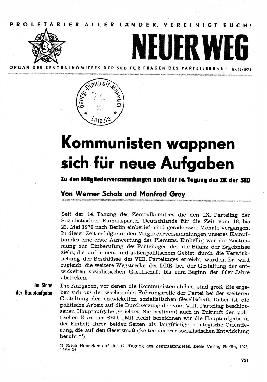 Neuer Weg (NW), Organ des Zentralkomitees (ZK) der SED (Sozialistische Einheitspartei Deutschlands) für Fragen des Parteilebens, 30. Jahrgang [Deutsche Demokratische Republik (DDR)] 1975, Seite 721 (NW ZK SED DDR 1975, S. 721)