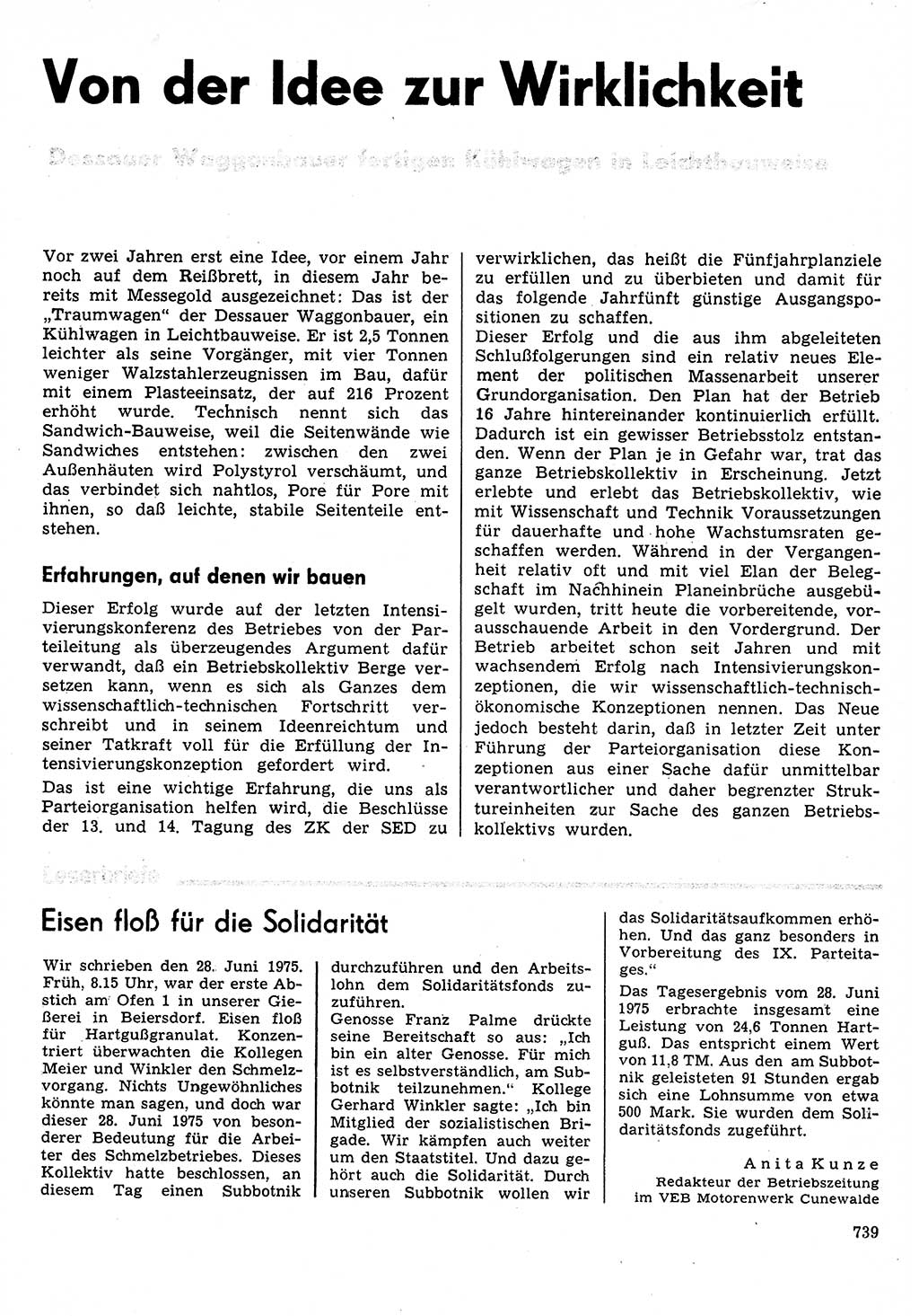 Neuer Weg (NW), Organ des Zentralkomitees (ZK) der SED (Sozialistische Einheitspartei Deutschlands) für Fragen des Parteilebens, 30. Jahrgang [Deutsche Demokratische Republik (DDR)] 1975, Seite 739 (NW ZK SED DDR 1975, S. 739)