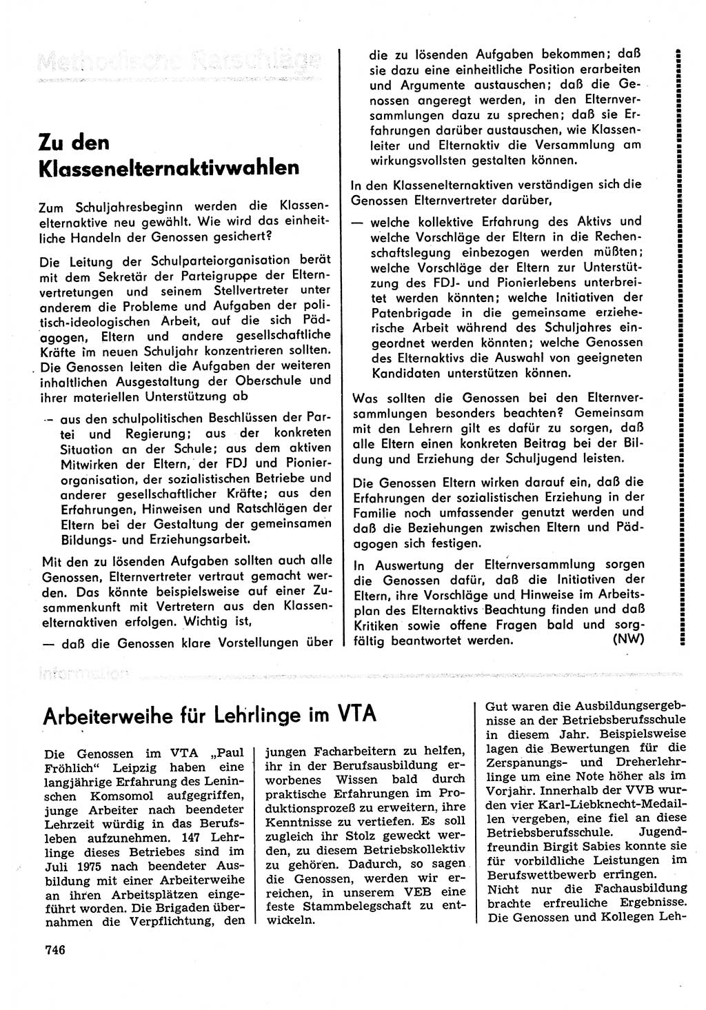 Neuer Weg (NW), Organ des Zentralkomitees (ZK) der SED (Sozialistische Einheitspartei Deutschlands) für Fragen des Parteilebens, 30. Jahrgang [Deutsche Demokratische Republik (DDR)] 1975, Seite 746 (NW ZK SED DDR 1975, S. 746)