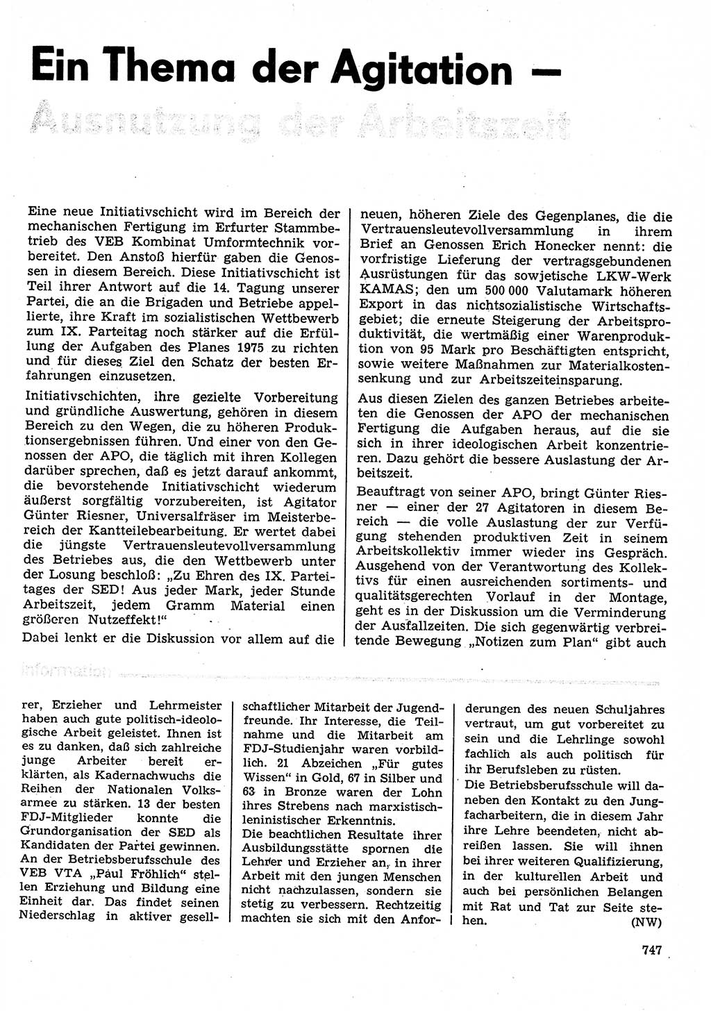 Neuer Weg (NW), Organ des Zentralkomitees (ZK) der SED (Sozialistische Einheitspartei Deutschlands) für Fragen des Parteilebens, 30. Jahrgang [Deutsche Demokratische Republik (DDR)] 1975, Seite 747 (NW ZK SED DDR 1975, S. 747)