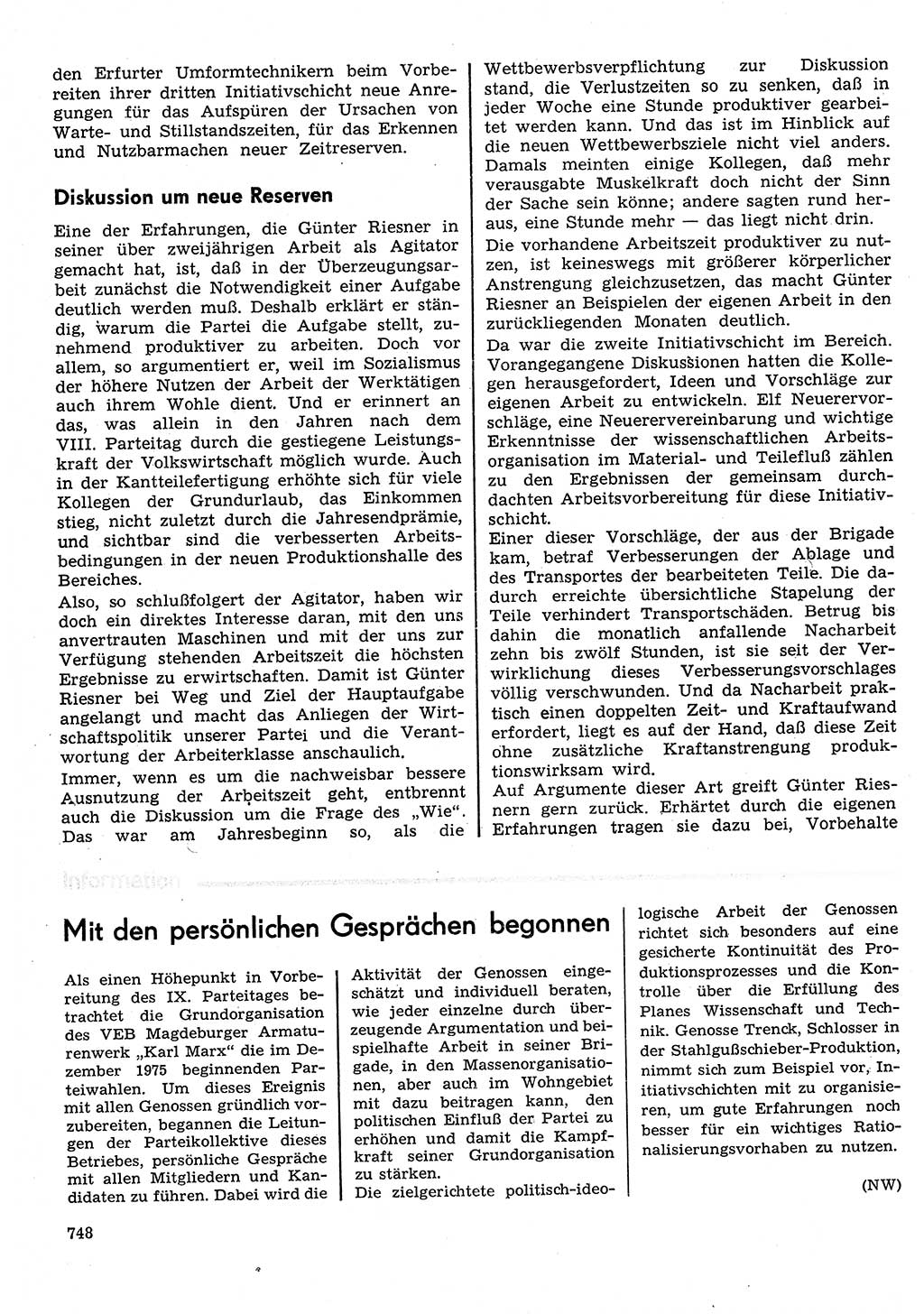 Neuer Weg (NW), Organ des Zentralkomitees (ZK) der SED (Sozialistische Einheitspartei Deutschlands) für Fragen des Parteilebens, 30. Jahrgang [Deutsche Demokratische Republik (DDR)] 1975, Seite 748 (NW ZK SED DDR 1975, S. 748)