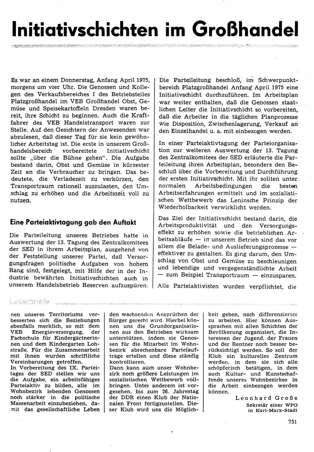 Neuer Weg (NW), Organ des Zentralkomitees (ZK) der SED (Sozialistische Einheitspartei Deutschlands) für Fragen des Parteilebens, 30. Jahrgang [Deutsche Demokratische Republik (DDR)] 1975, Seite 751 (NW ZK SED DDR 1975, S. 751)