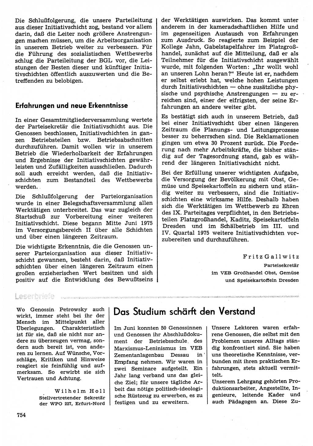 Neuer Weg (NW), Organ des Zentralkomitees (ZK) der SED (Sozialistische Einheitspartei Deutschlands) für Fragen des Parteilebens, 30. Jahrgang [Deutsche Demokratische Republik (DDR)] 1975, Seite 754 (NW ZK SED DDR 1975, S. 754)