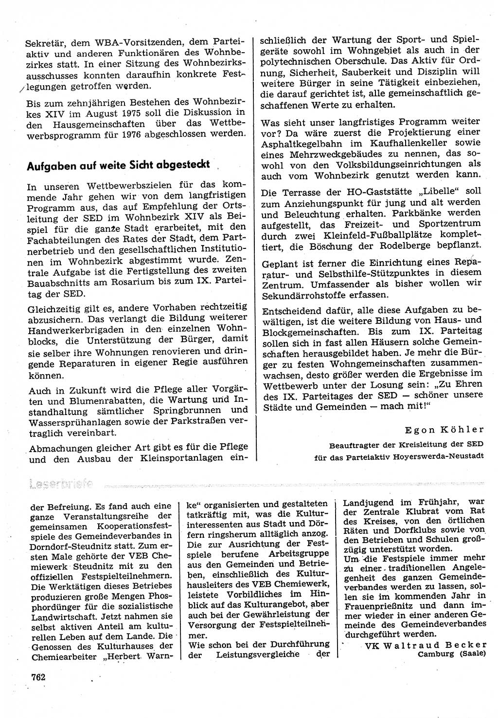 Neuer Weg (NW), Organ des Zentralkomitees (ZK) der SED (Sozialistische Einheitspartei Deutschlands) für Fragen des Parteilebens, 30. Jahrgang [Deutsche Demokratische Republik (DDR)] 1975, Seite 762 (NW ZK SED DDR 1975, S. 762)