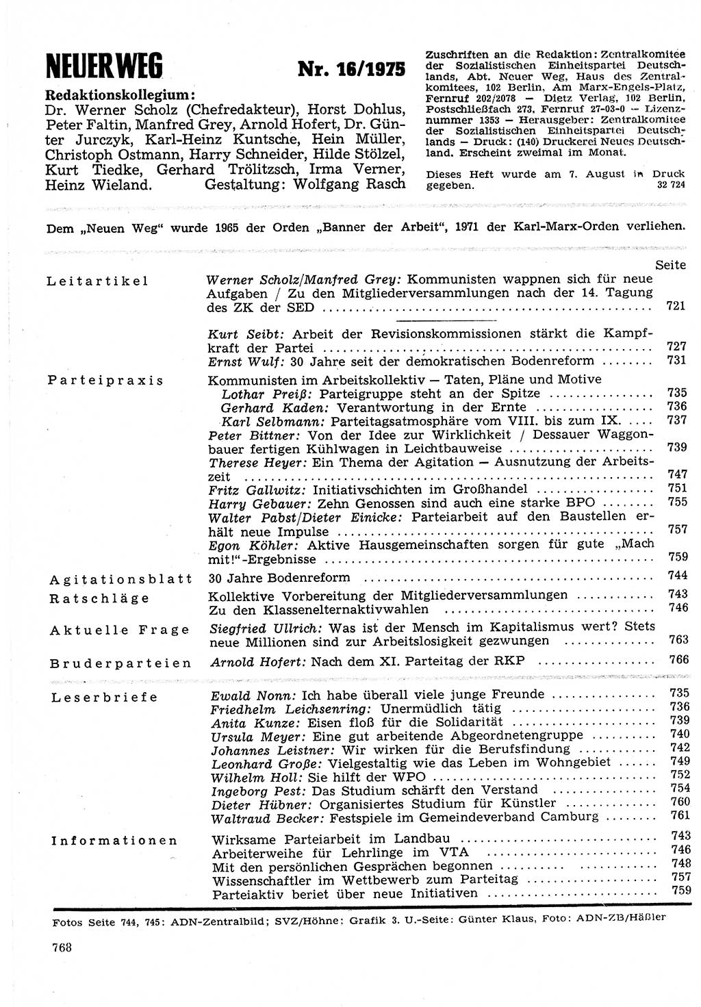 Neuer Weg (NW), Organ des Zentralkomitees (ZK) der SED (Sozialistische Einheitspartei Deutschlands) für Fragen des Parteilebens, 30. Jahrgang [Deutsche Demokratische Republik (DDR)] 1975, Seite 768 (NW ZK SED DDR 1975, S. 768)